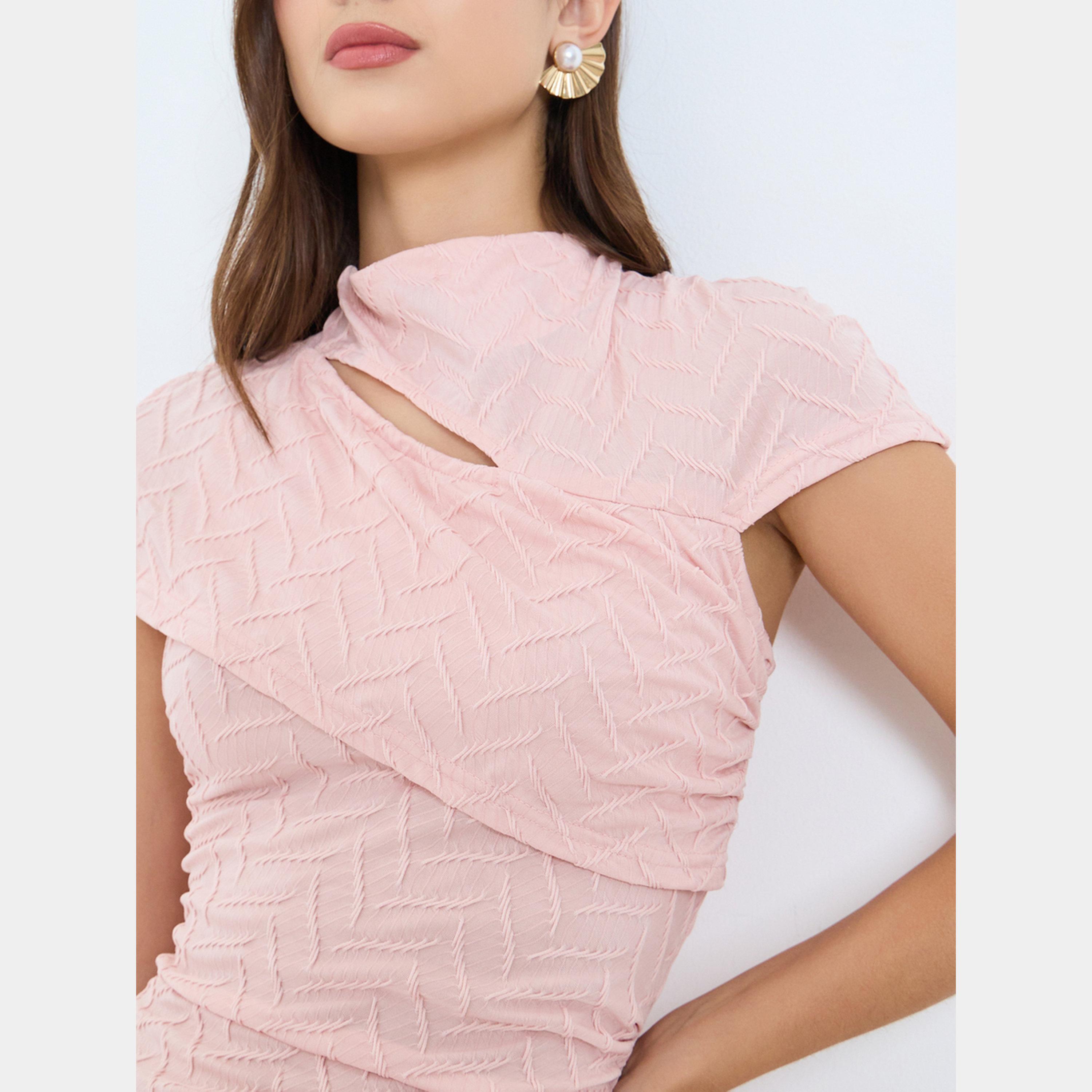 Take Two Textured Asymmetric Neck Short Sleeves Women's Wrap Maxi Dress-women-clothing-dresses-image-3