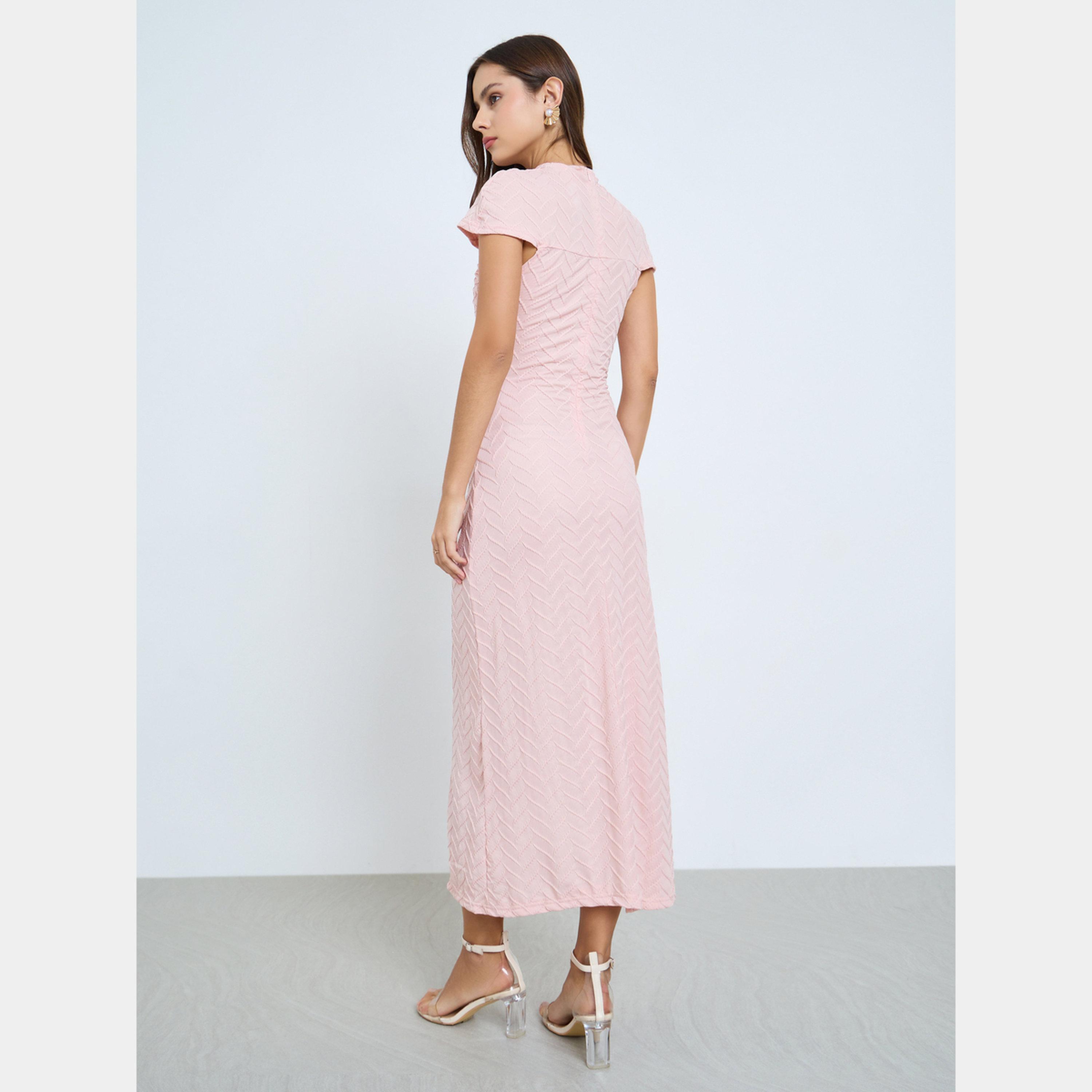 Take Two Textured Asymmetric Neck Short Sleeves Women's Wrap Maxi Dress-women-clothing-dresses-image-4