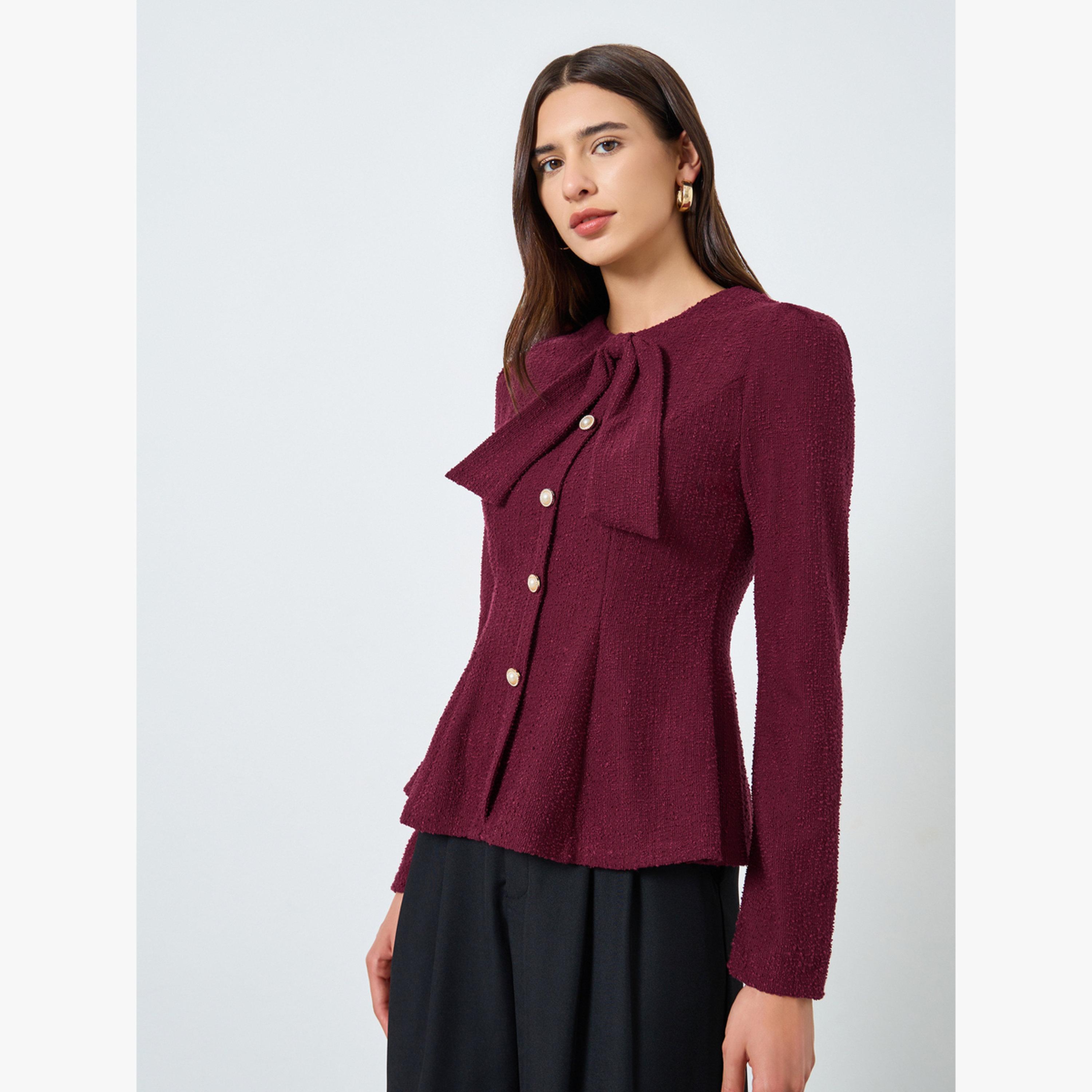 Take Two Textured Tie-Up Button Front Long Sleeve Top-women-clothing-shirtsandblouses-blouses-image-1