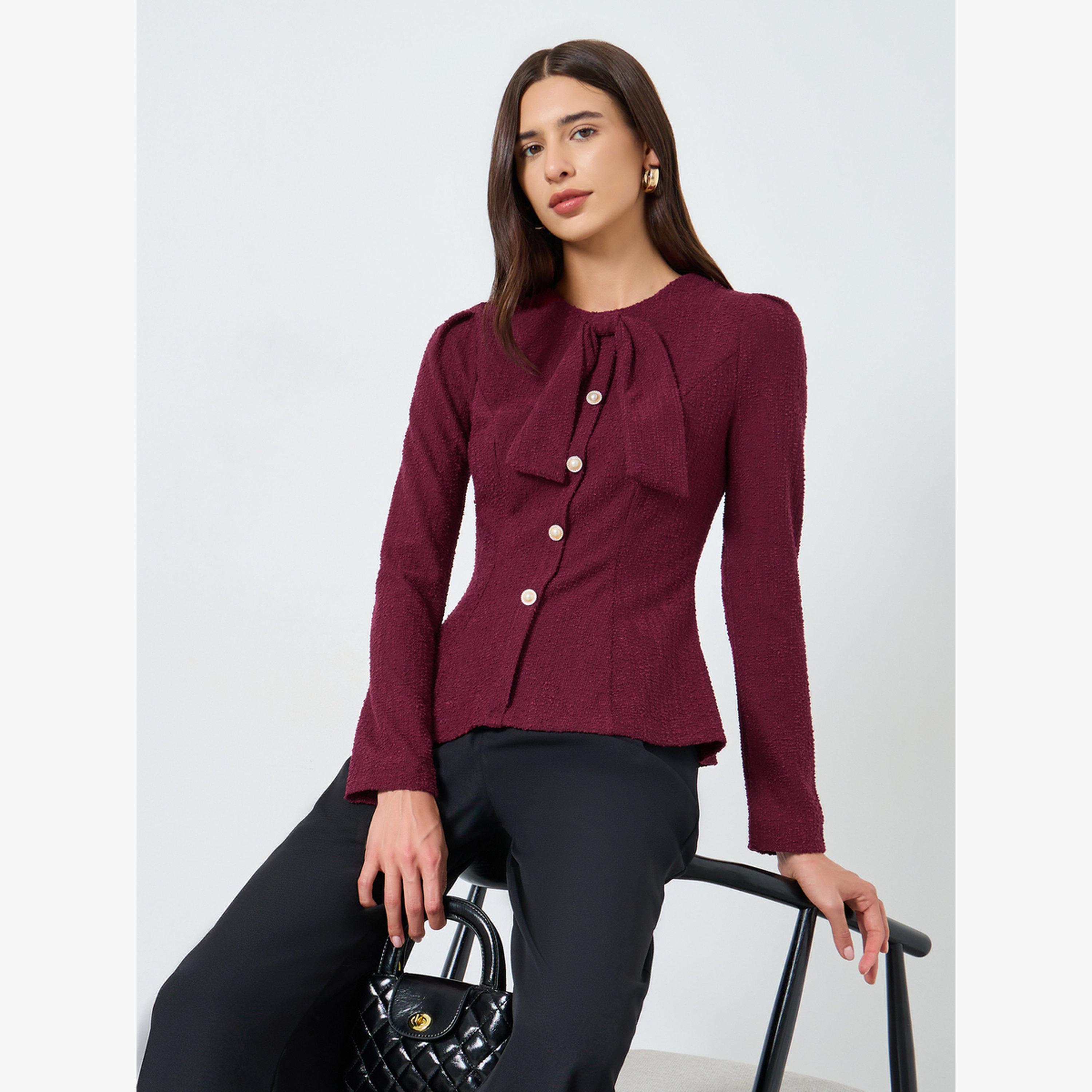 Take Two Textured Tie-Up Button Front Long Sleeve Top-women-clothing-shirtsandblouses-blouses-image-3
