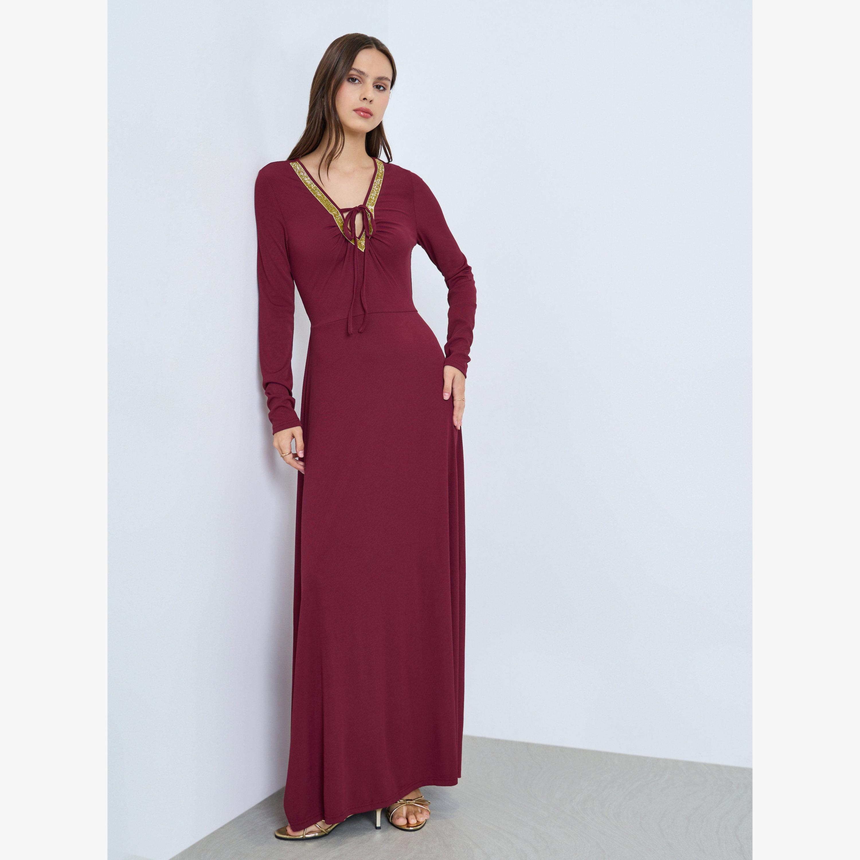 فستان طويل عنابي بربطة عنق وخصر مزموم-women-clothing-dresses-image-1