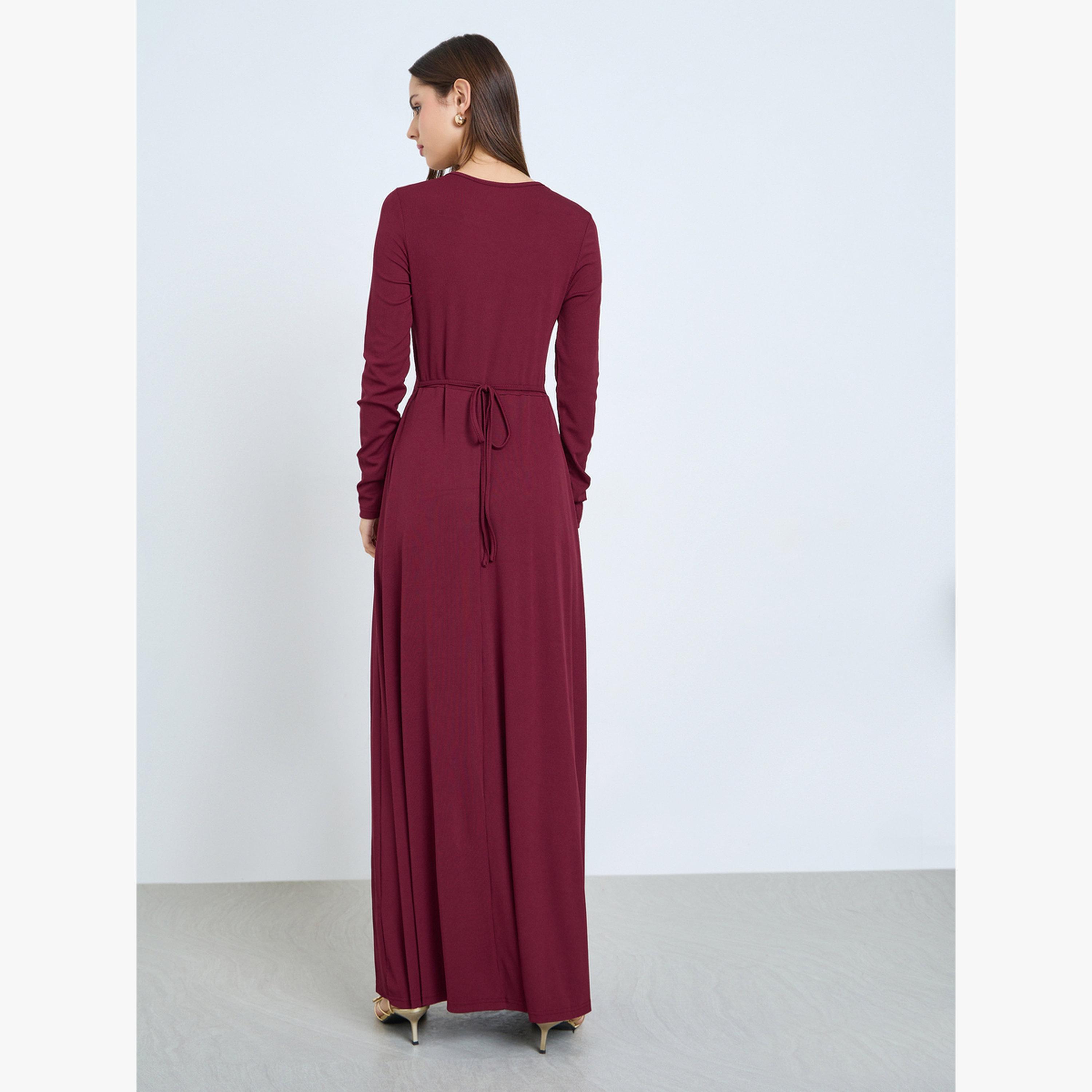 فستان طويل عنابي بربطة عنق وخصر مزموم-women-clothing-dresses-image-3