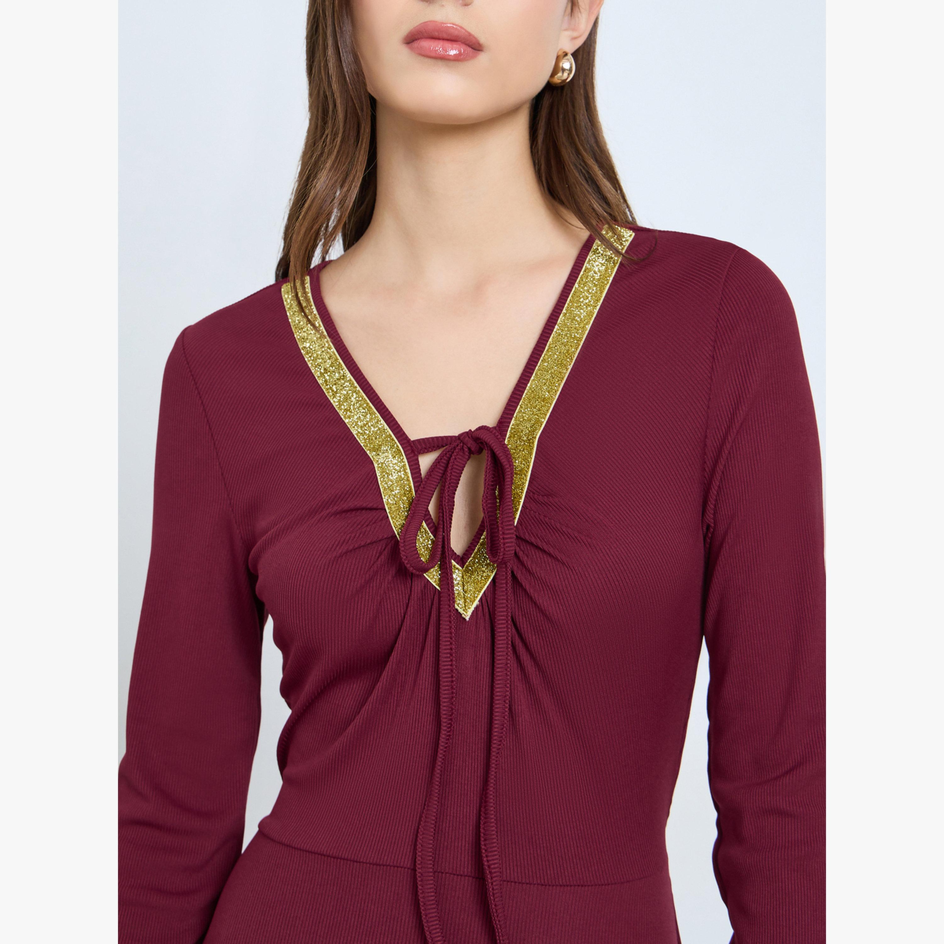 فستان طويل عنابي بربطة عنق وخصر مزموم-women-clothing-dresses-image-4