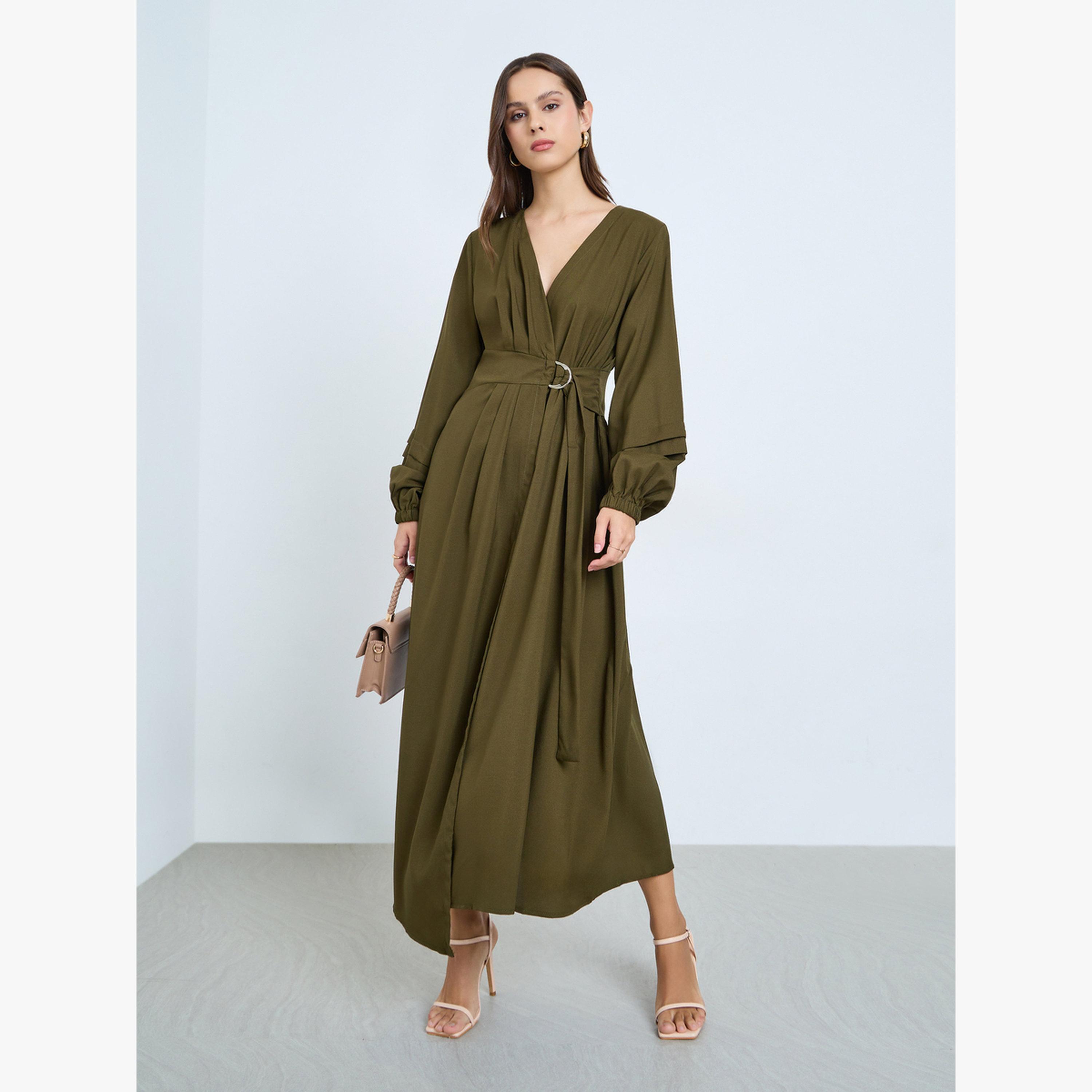 Take Two Khaki Belted Balloon Sleeve Maxi Dress-women-clothing-dresses-image-1