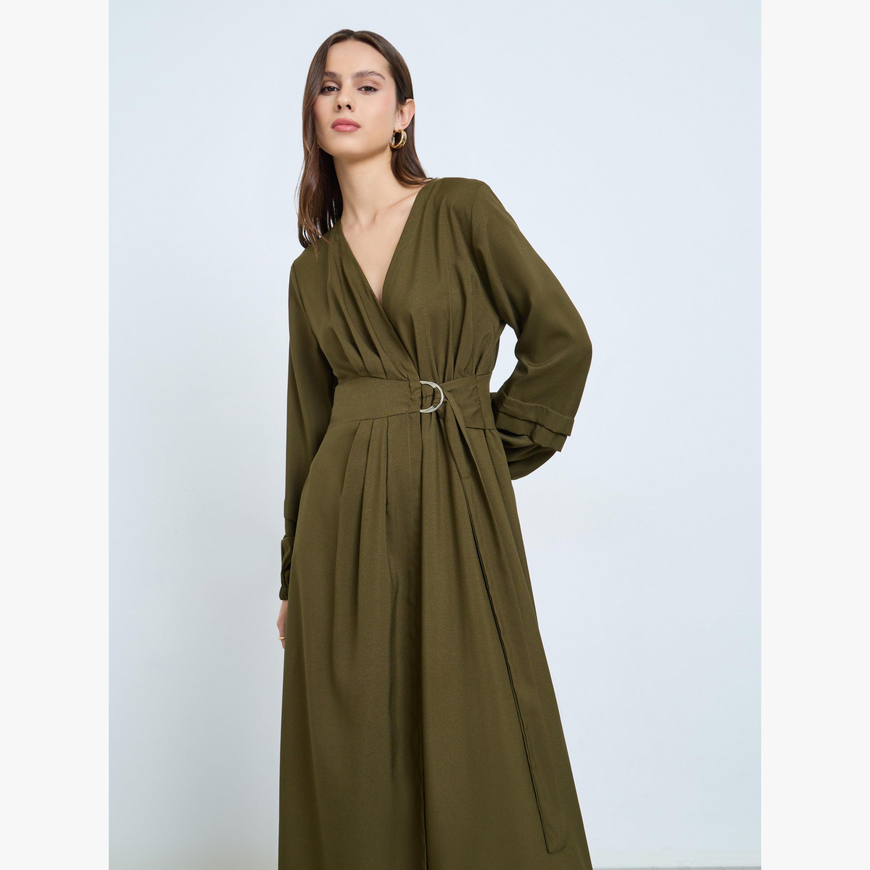 فستان طويل كاكي بحزام وأكمام بالون-women-clothing-dresses-image-2
