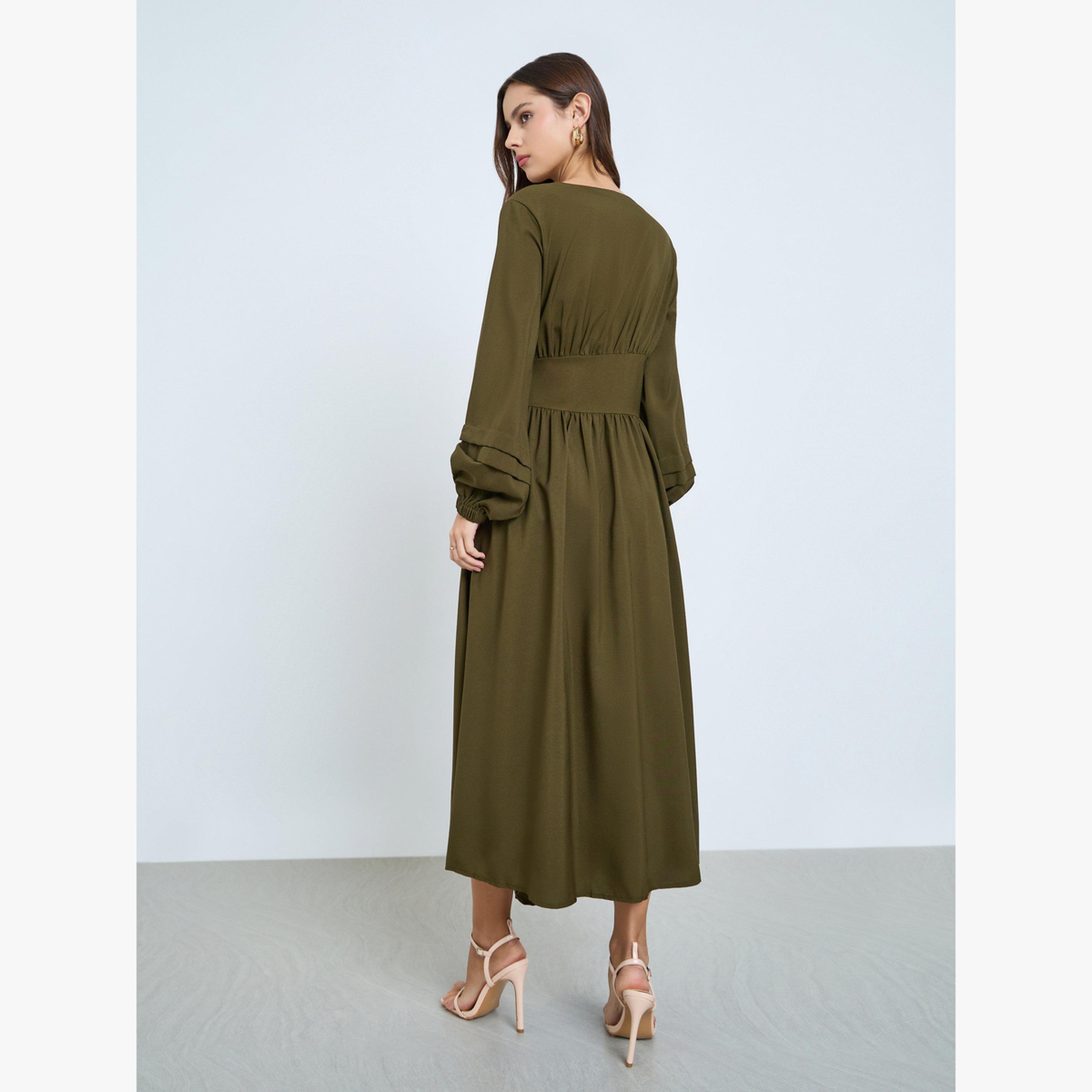 Take Two Khaki Belted Balloon Sleeve Maxi Dress-women-clothing-dresses-image-3