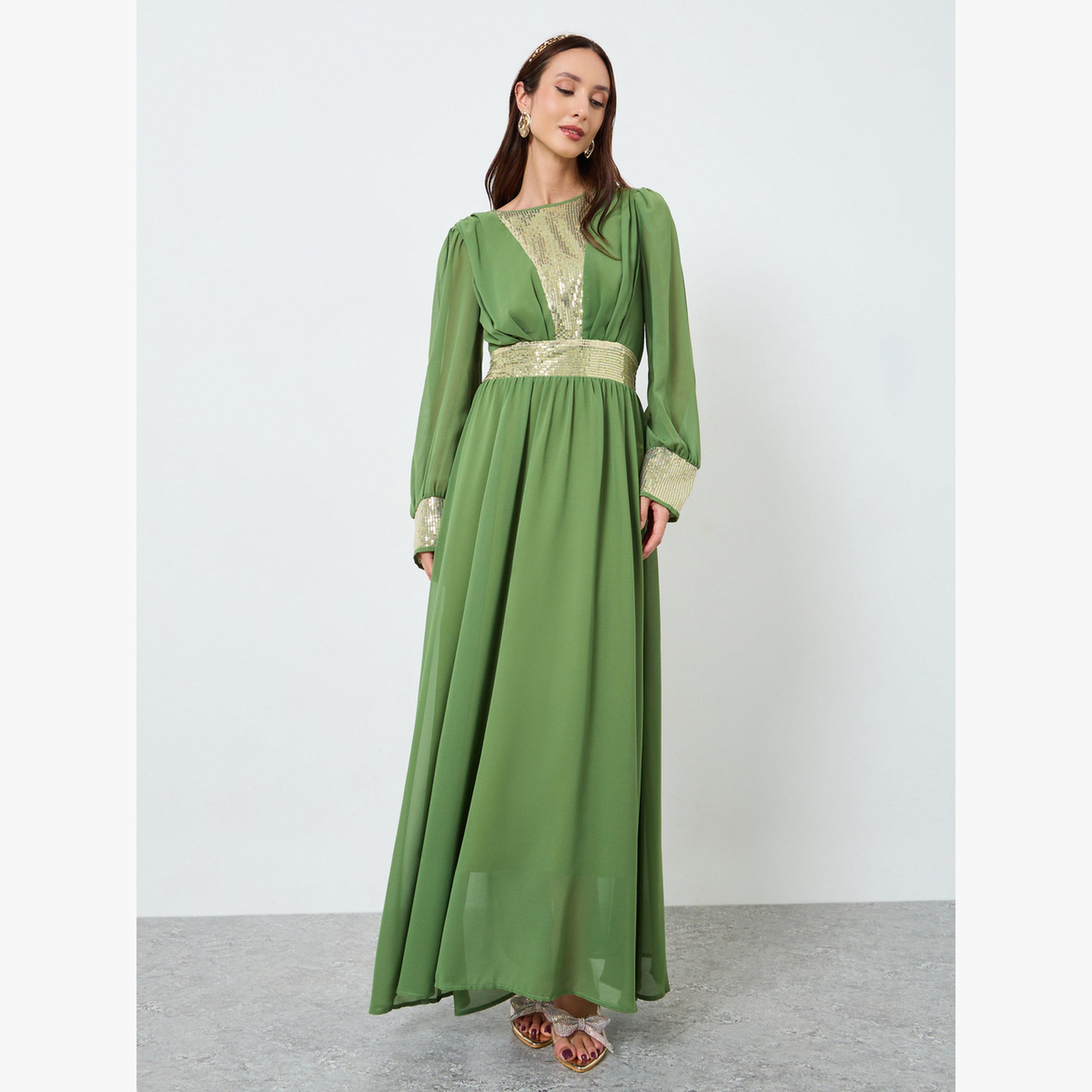 فستان طويل بكسرات منمق بالترتر-women-clothing-dresses-image-1