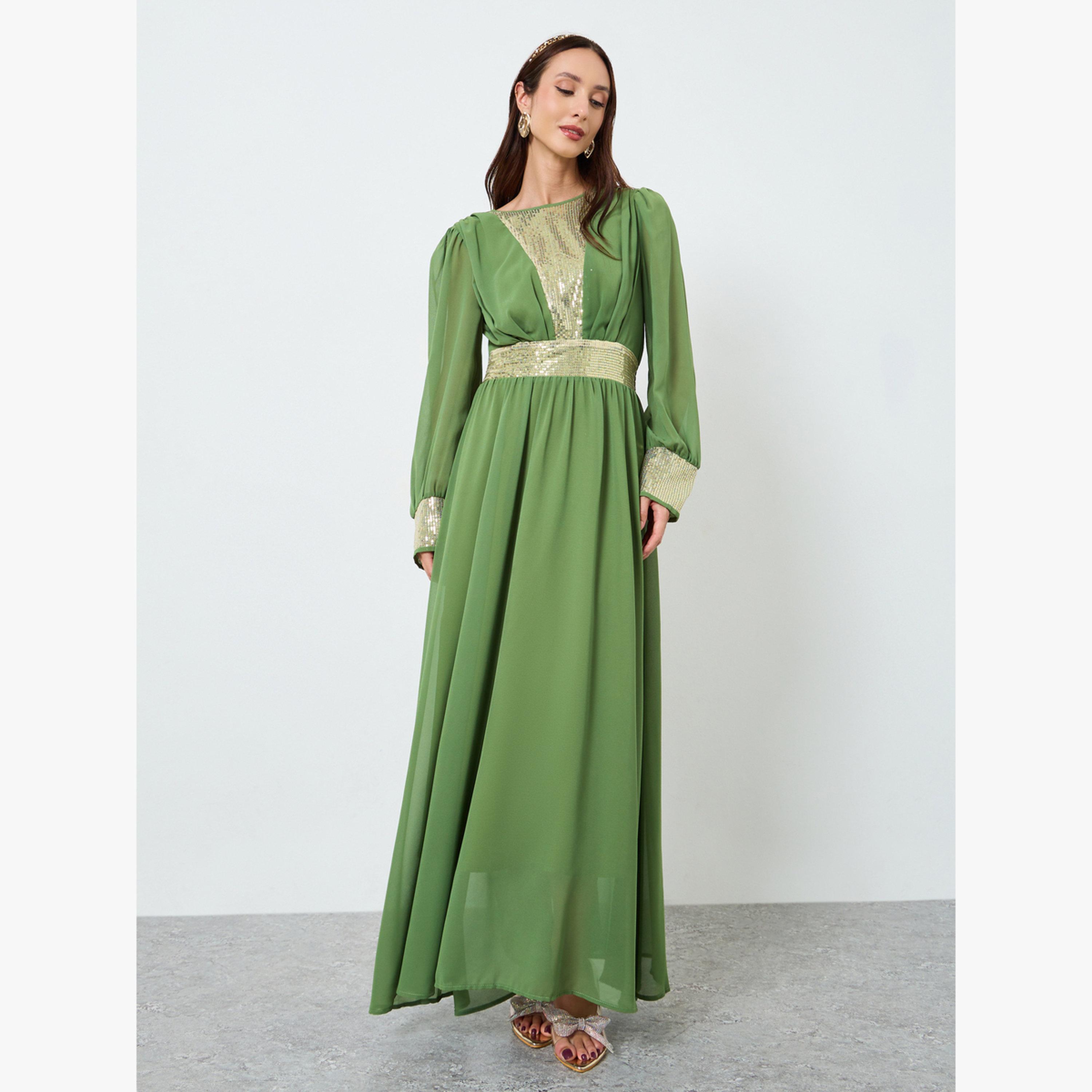 فستان طويل بكسرات منمق بالترتر-women-clothing-dresses-image-2