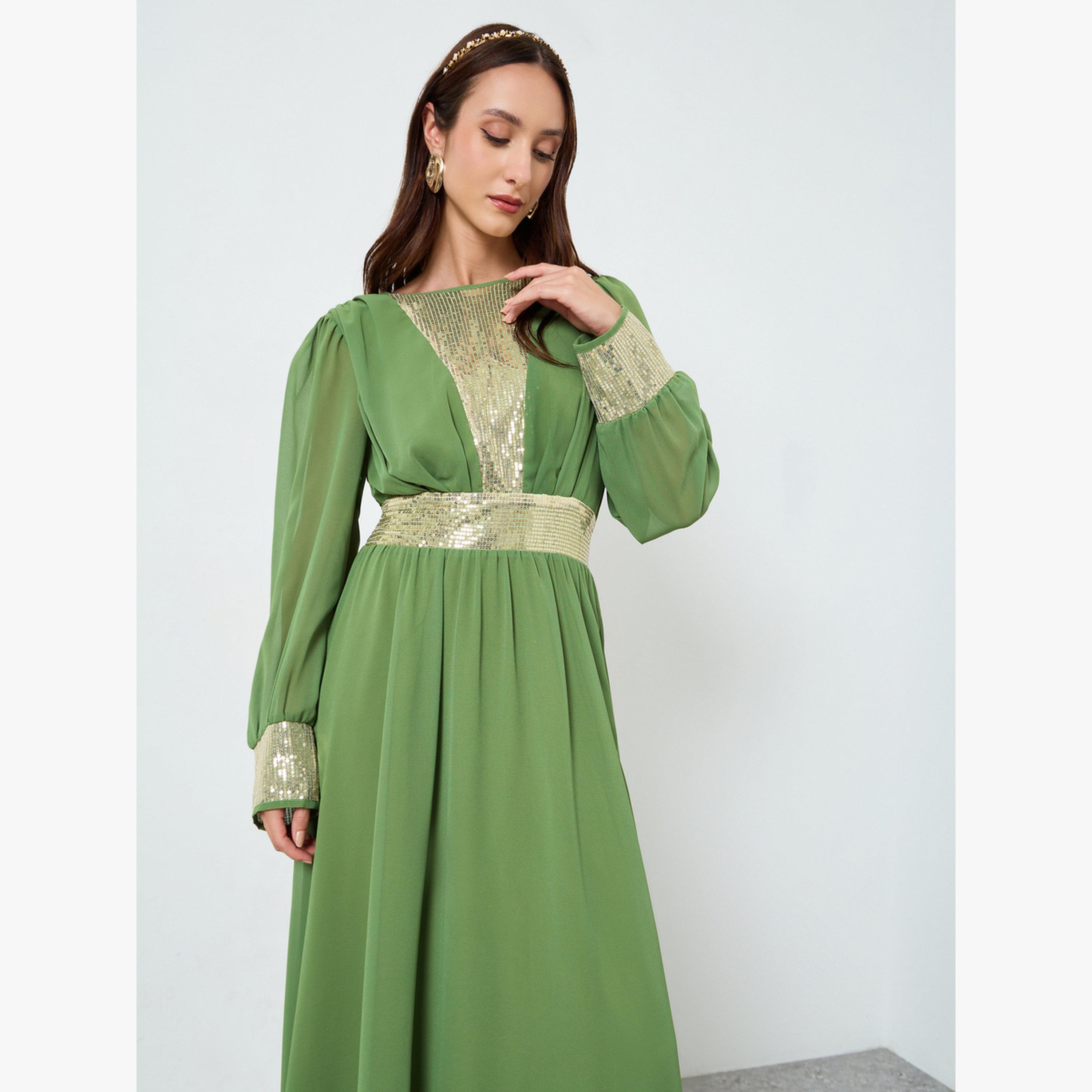 فستان طويل بكسرات منمق بالترتر-women-clothing-dresses-image-4
