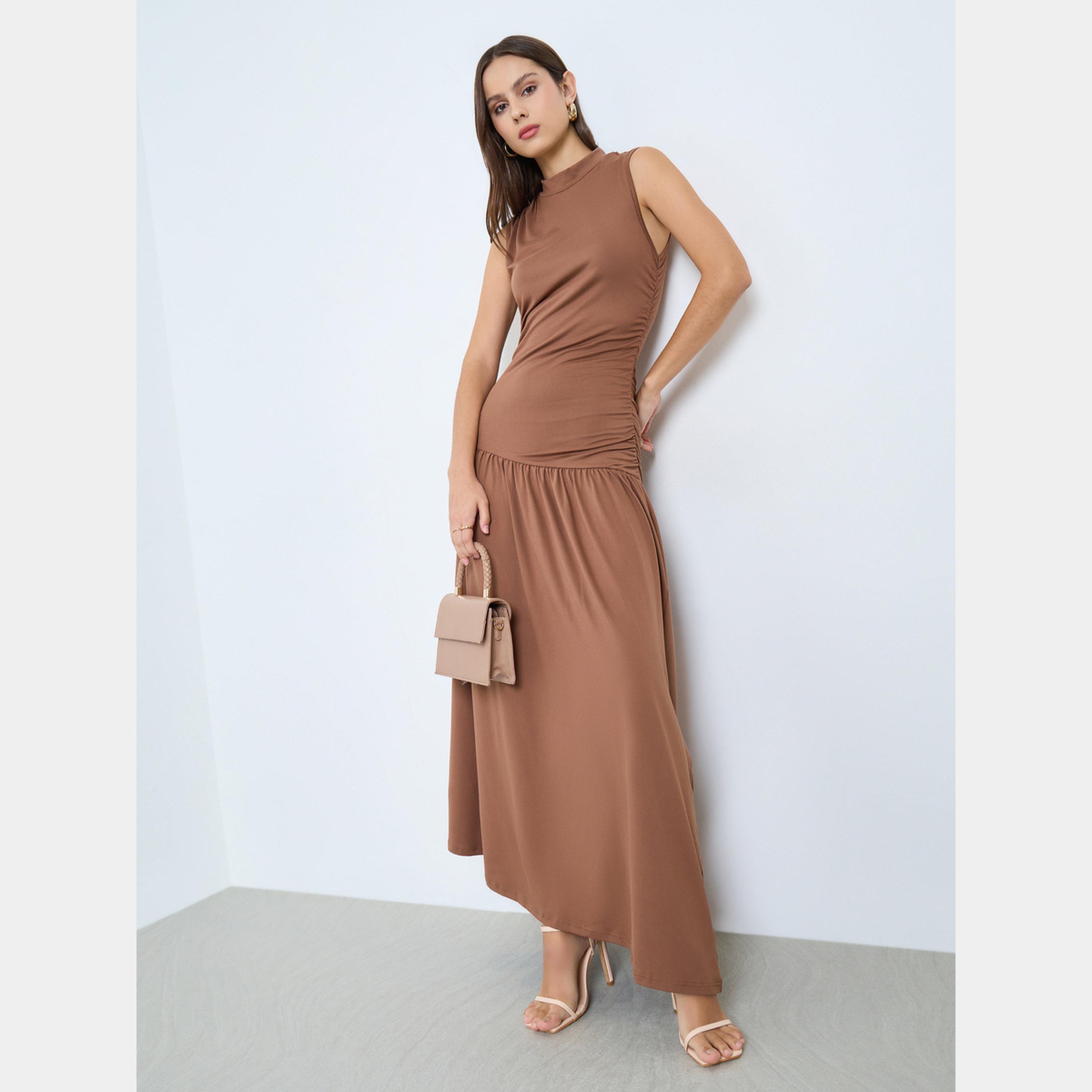 Take Two Solid High Neck Ruffled Waist Sleeveless Women's Maxi Dress-women-clothing-dresses-image-1