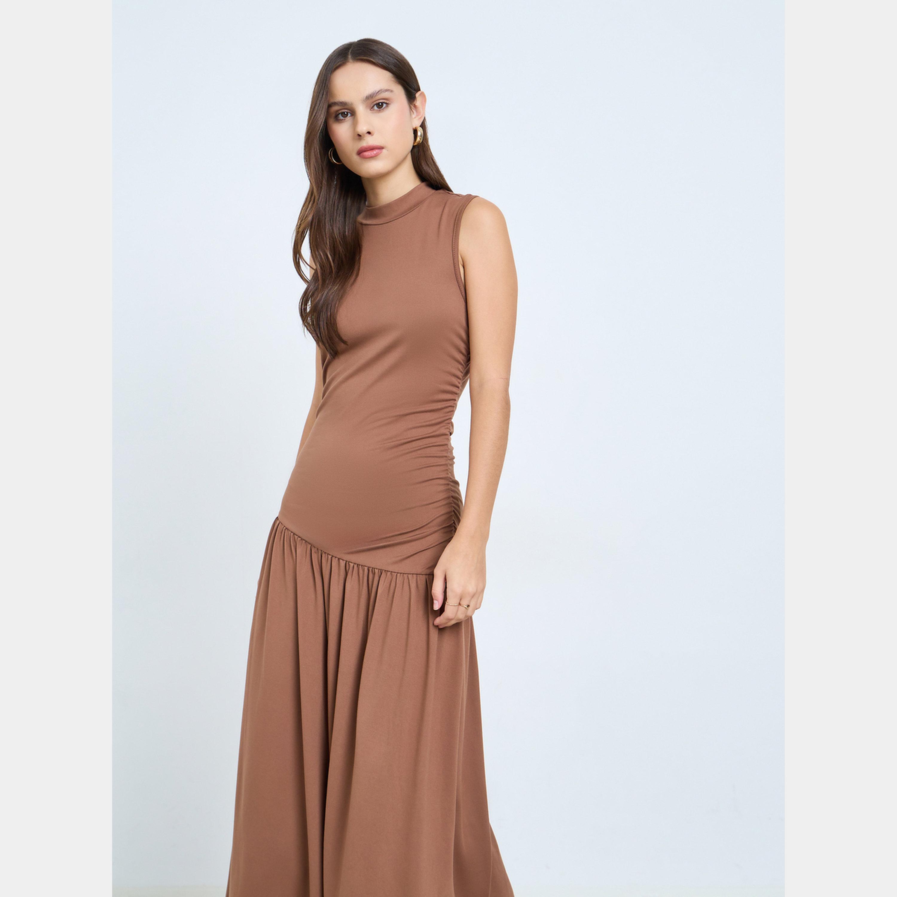 تيك تو - فستان ماكسي نسائي سادة برقبة عالية وخصر مكشكش بدون أكمام-women-clothing-dresses-image-2