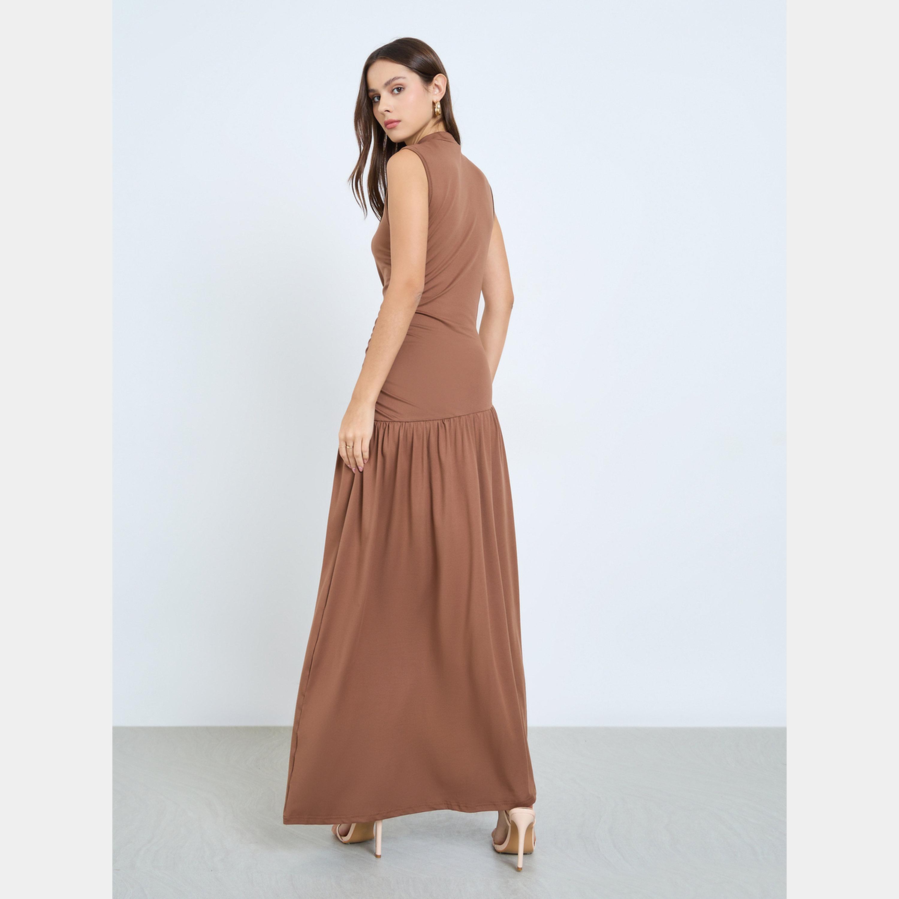 تيك تو - فستان ماكسي نسائي سادة برقبة عالية وخصر مكشكش بدون أكمام-women-clothing-dresses-image-4