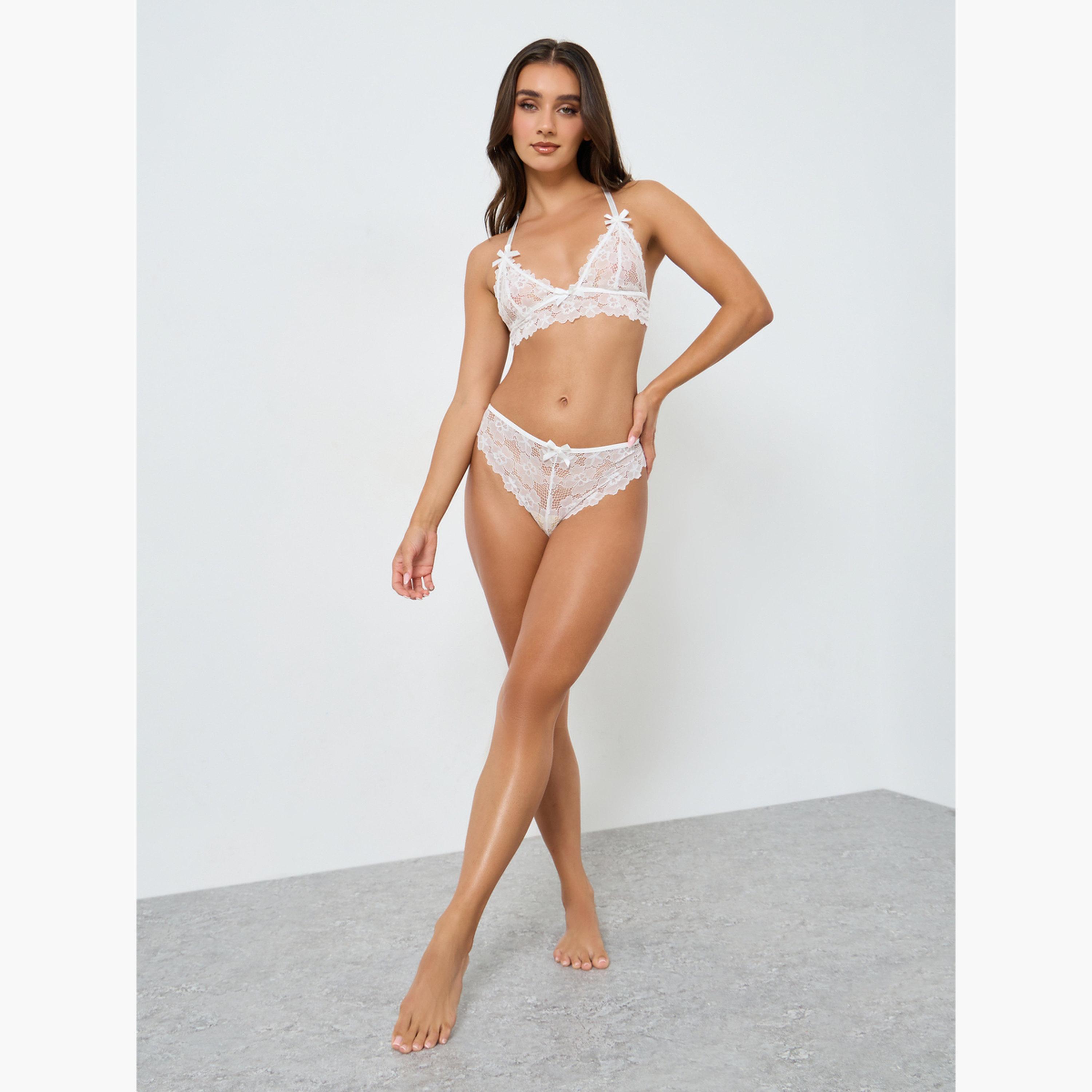 تيك تو - صدرية نسائية بدون سلك مزينة بدانتيل وفيونكة مع سروال داخلي-women-clothing-lingerie-lingeriesets-image-2