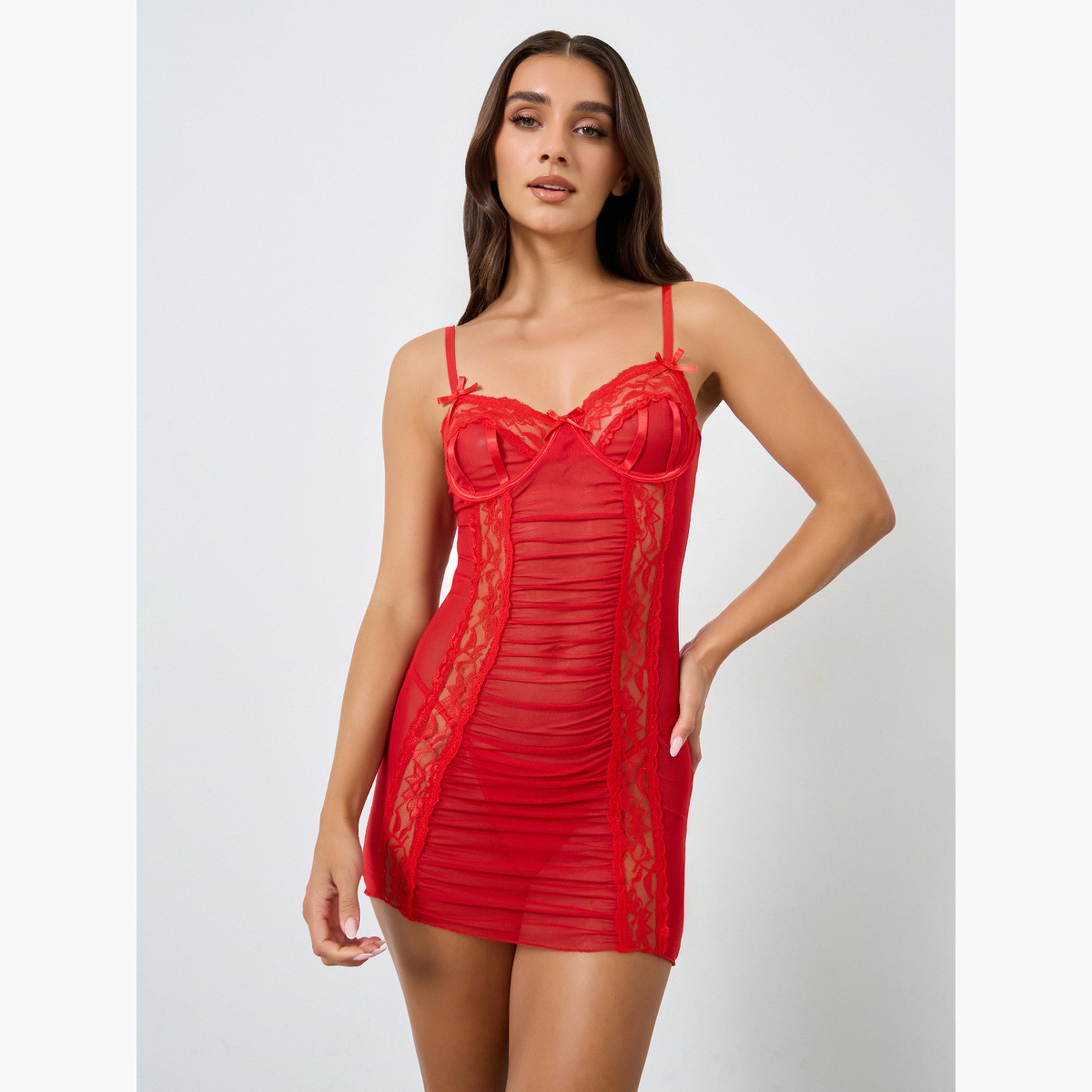 تيك تو - طقم بيبي دول نسائي من الدانتيل مع سروال داخلي مزخرف بفيونكة=-women-clothing-lingerie-babydollsandbodysuits-image-1