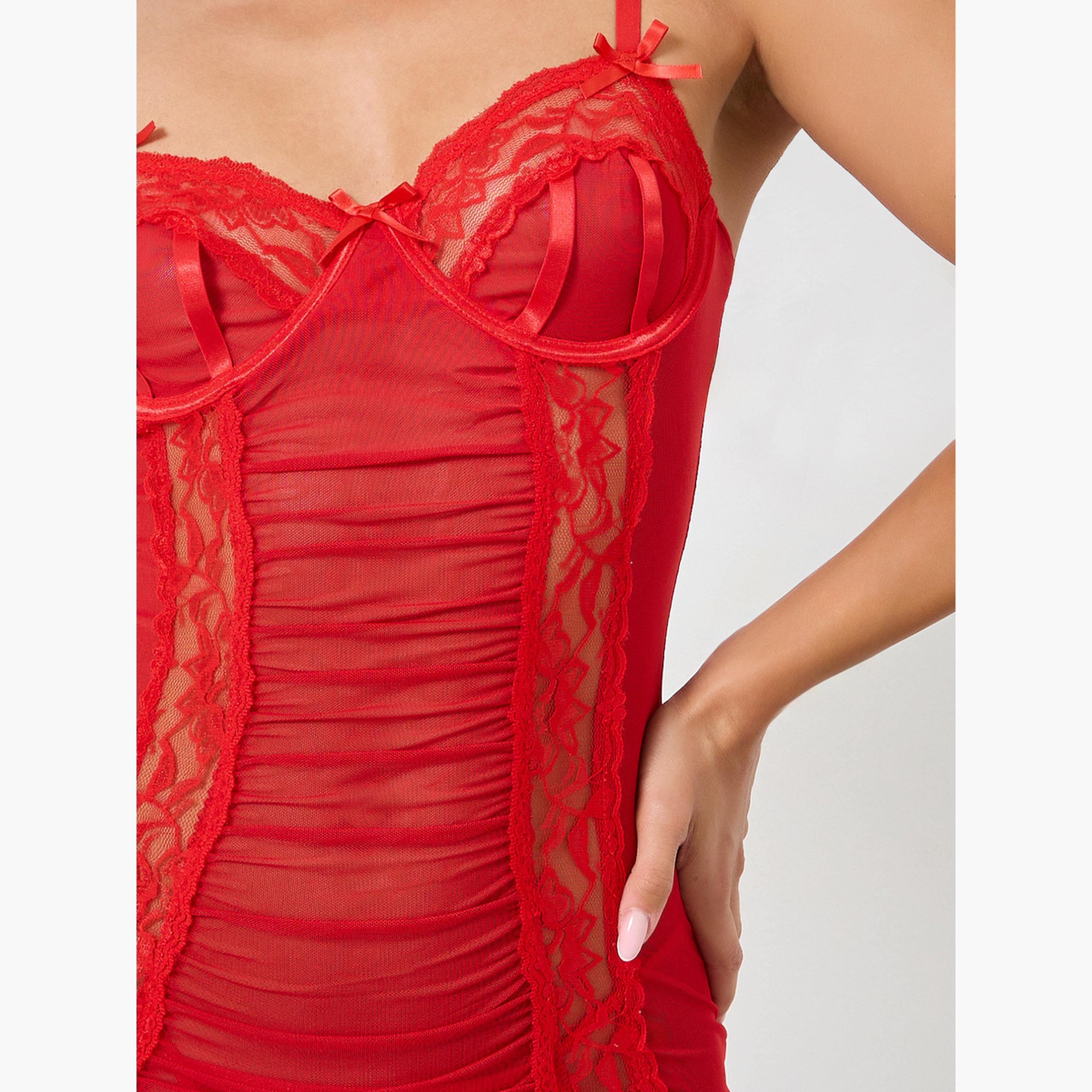 Take Two Women Solid Bow Decor Ruching Detail Lace Babydoll with Thong set-women-clothing-lingerie-babydollsandbodysuits-image-6