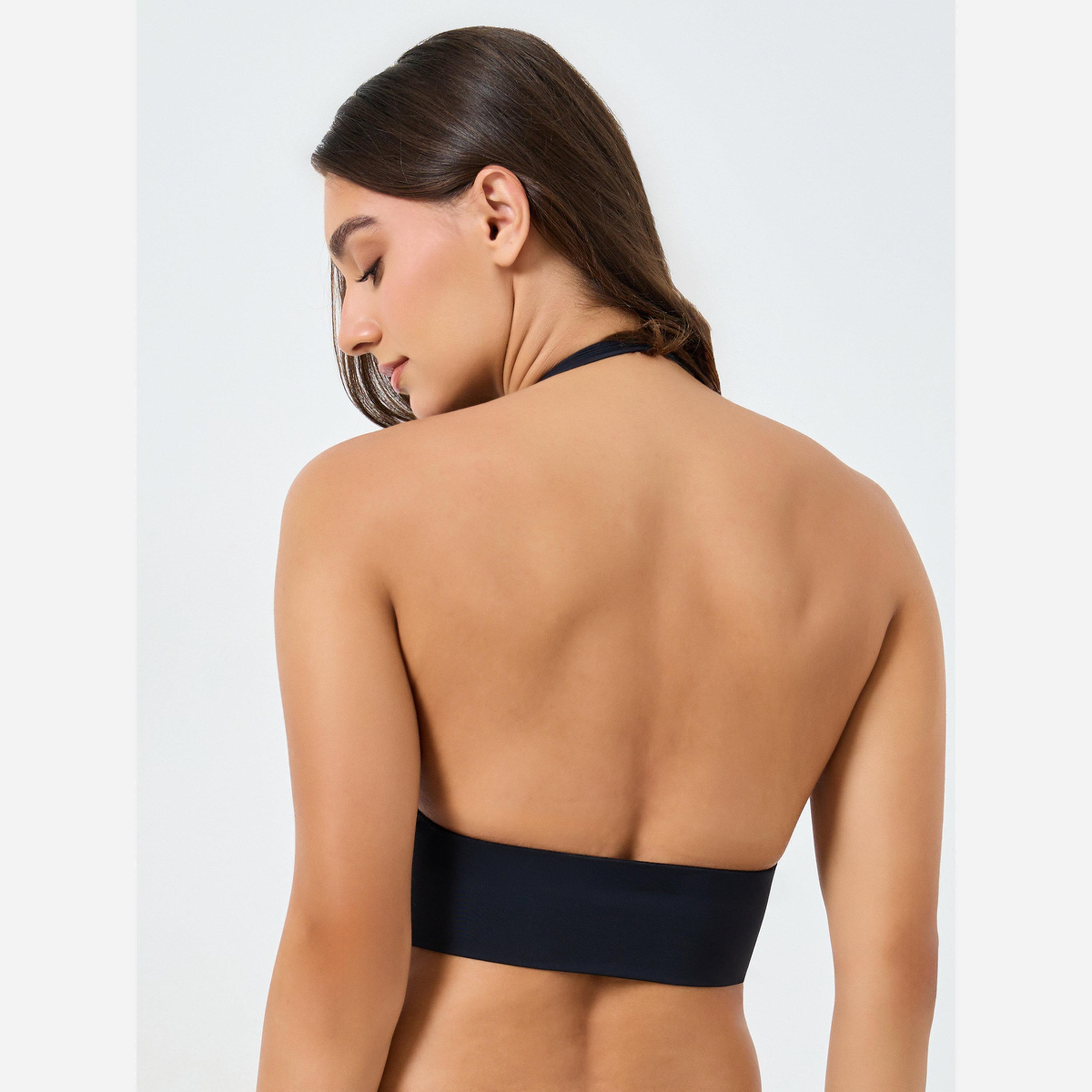 Take Two Solid Hanging Neck Metal Buckle Front Detail Non Wired Bra-women-clothing-lingerie-bras-image-3