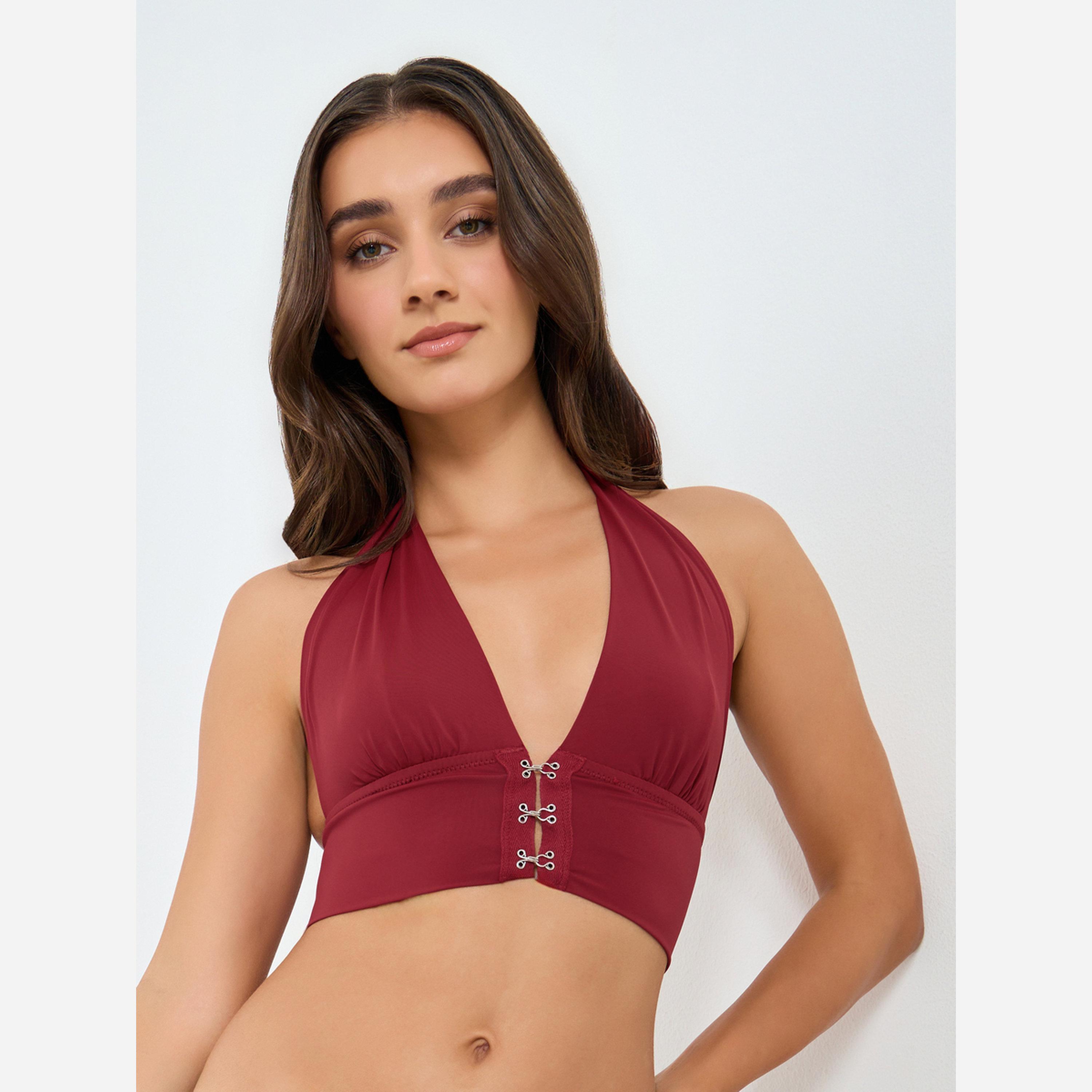 Take Two Solid Hanging Neck Metal Buckle Front Detail Non Wired Bra-women-clothing-lingerie-bras-image-1