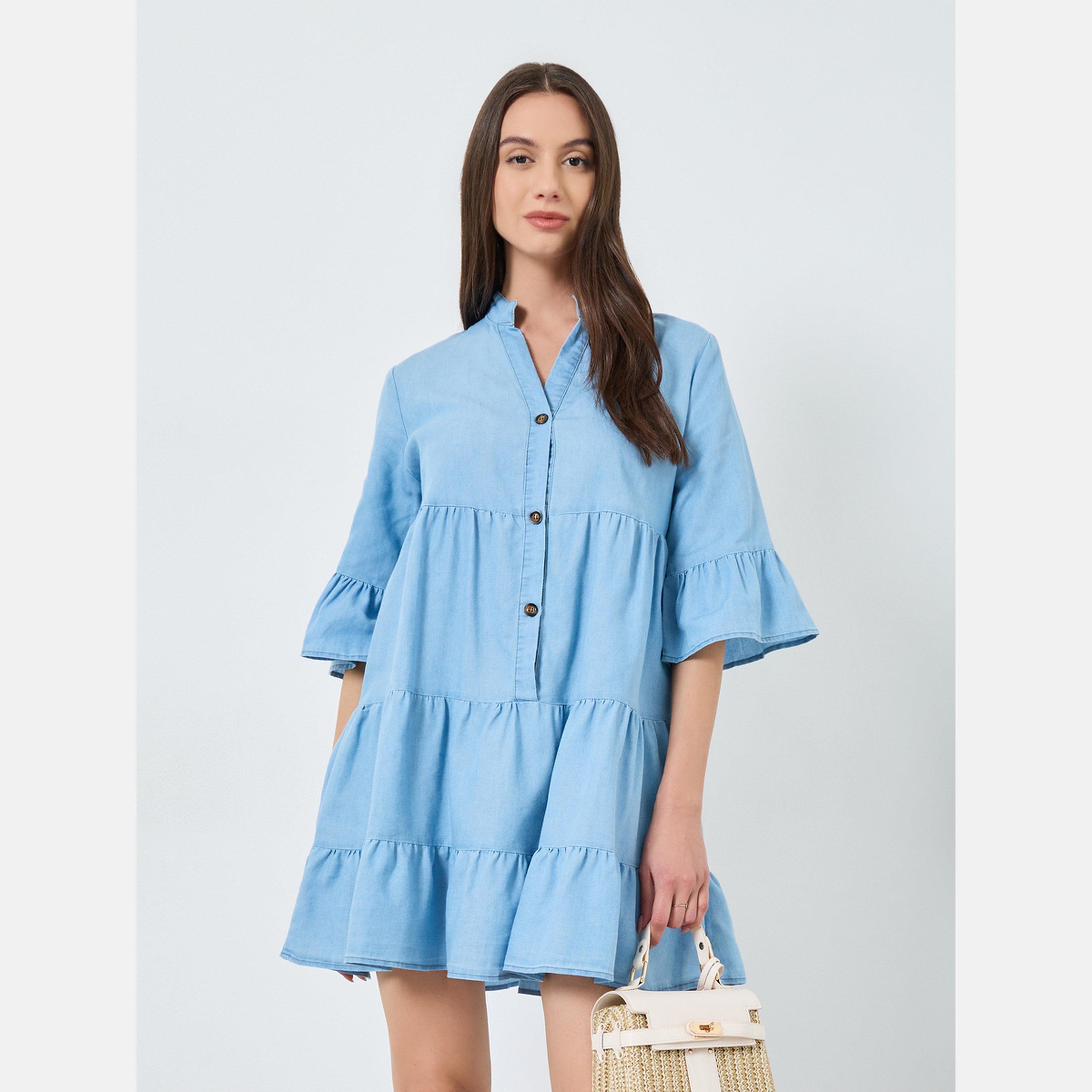 تيك تو - فستان جينز قصير متعدد الطبقات باللون الأزرق الفاتح-women-clothing-dresses-image-1