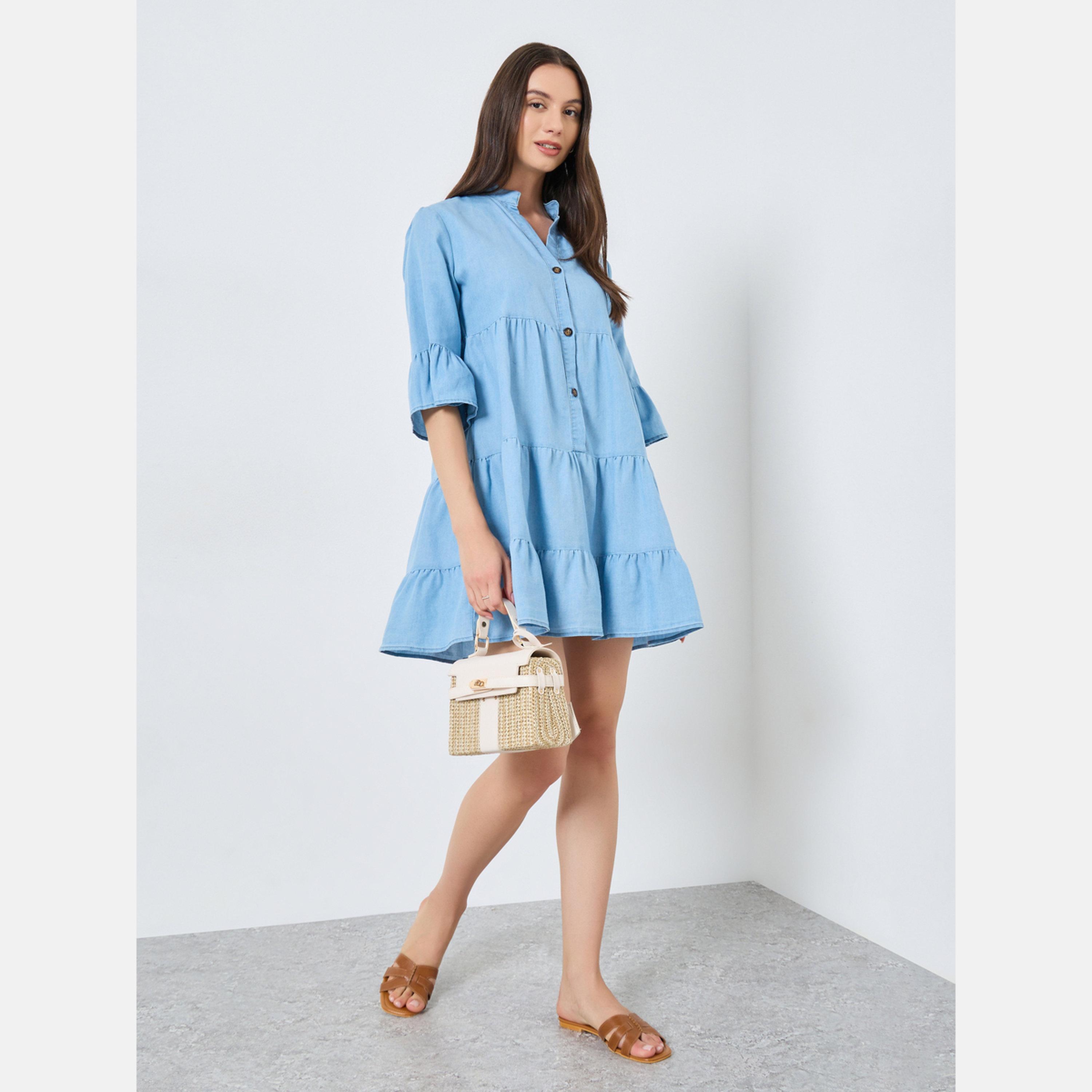 تيك تو - فستان جينز قصير متعدد الطبقات باللون الأزرق الفاتح-women-clothing-dresses-image-2