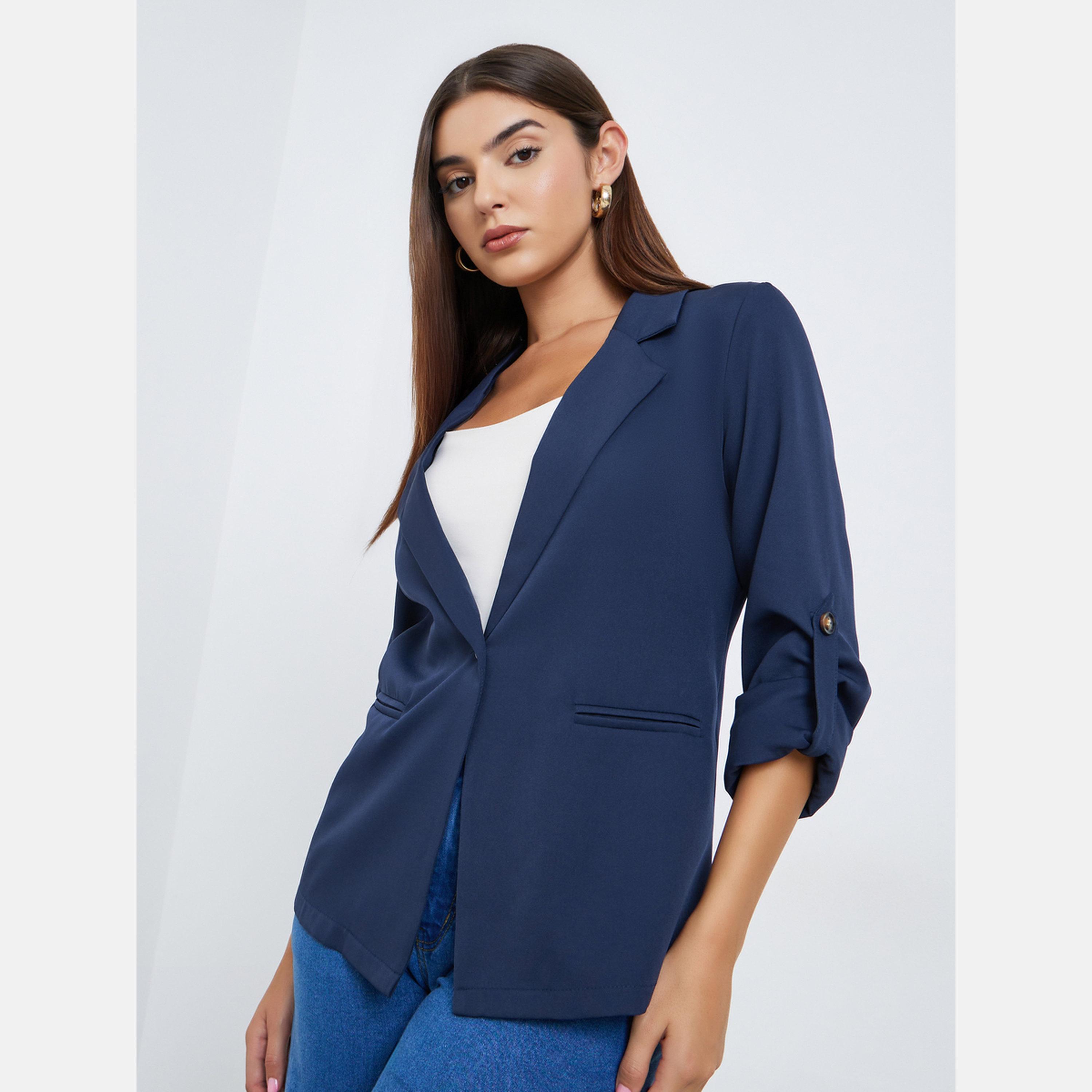 Take Two Navy Blue Solid Lapel Collar Roll Up Sleeves Women's Single Button Blazer-women-clothing-coatsandjackets-blazers-image-1