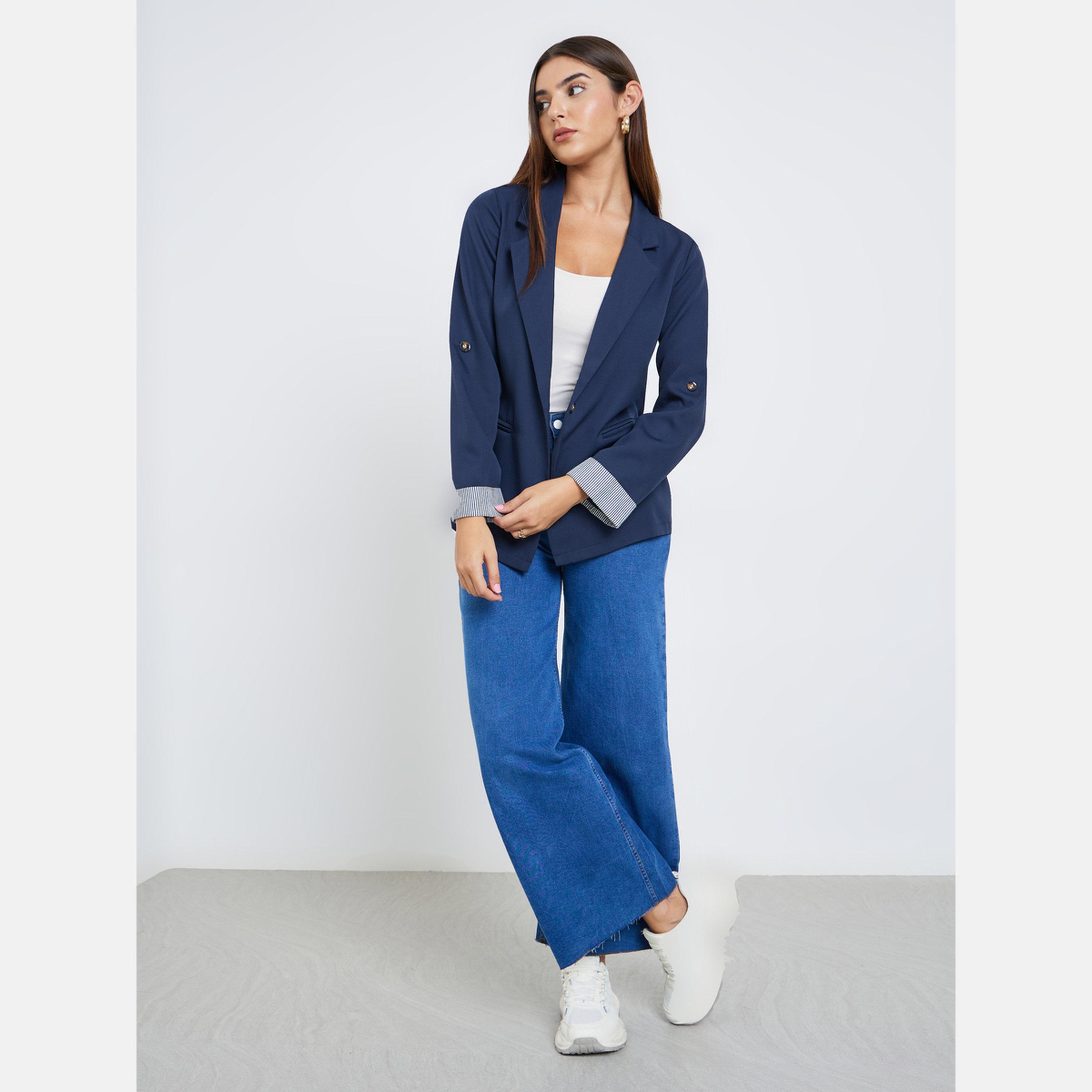 Take Two Navy Blue Solid Lapel Collar Roll Up Sleeves Women's Single Button Blazer-women-clothing-coatsandjackets-blazers-image-2