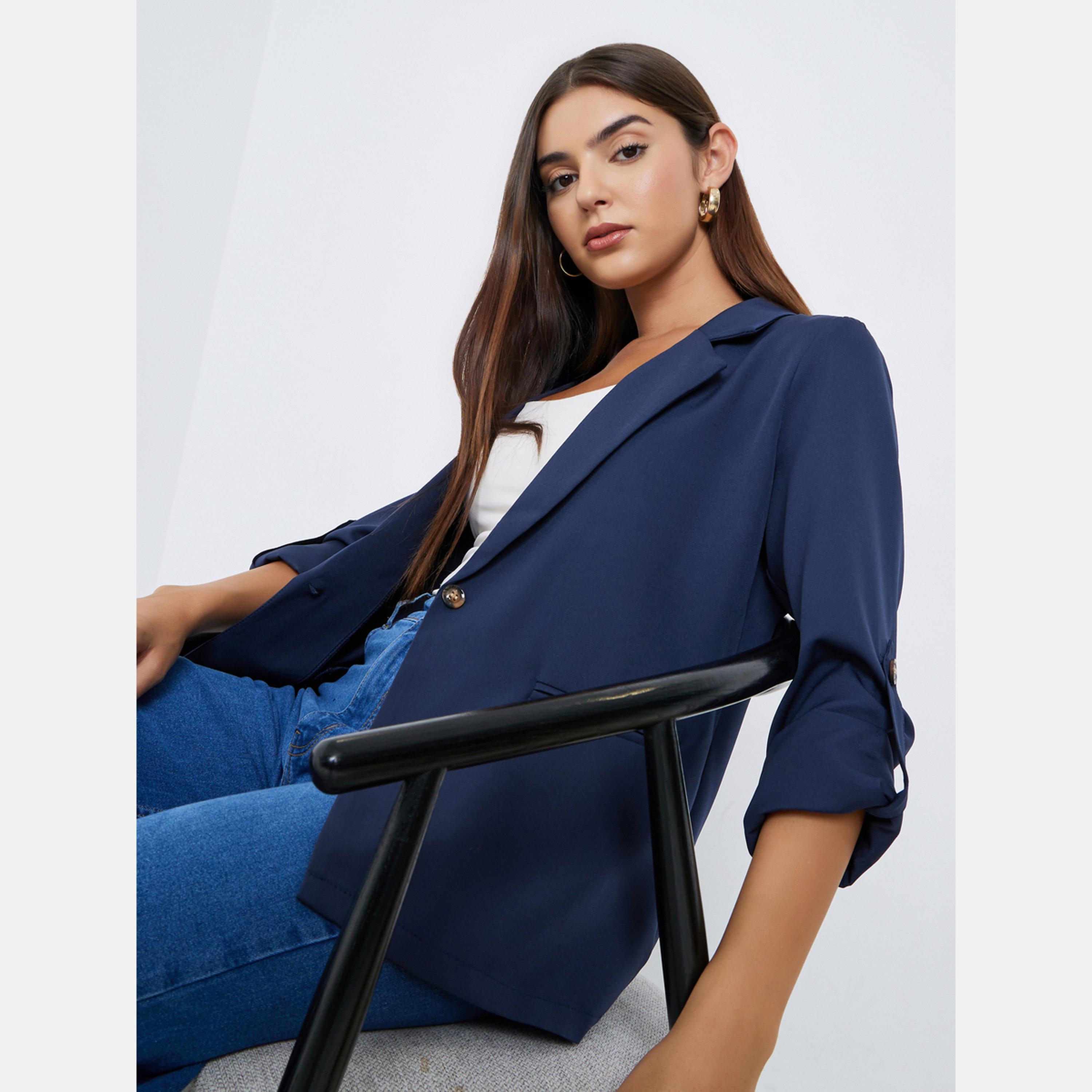 Take Two Navy Blue Solid Lapel Collar Roll Up Sleeves Women's Single Button Blazer-women-clothing-coatsandjackets-blazers-image-3