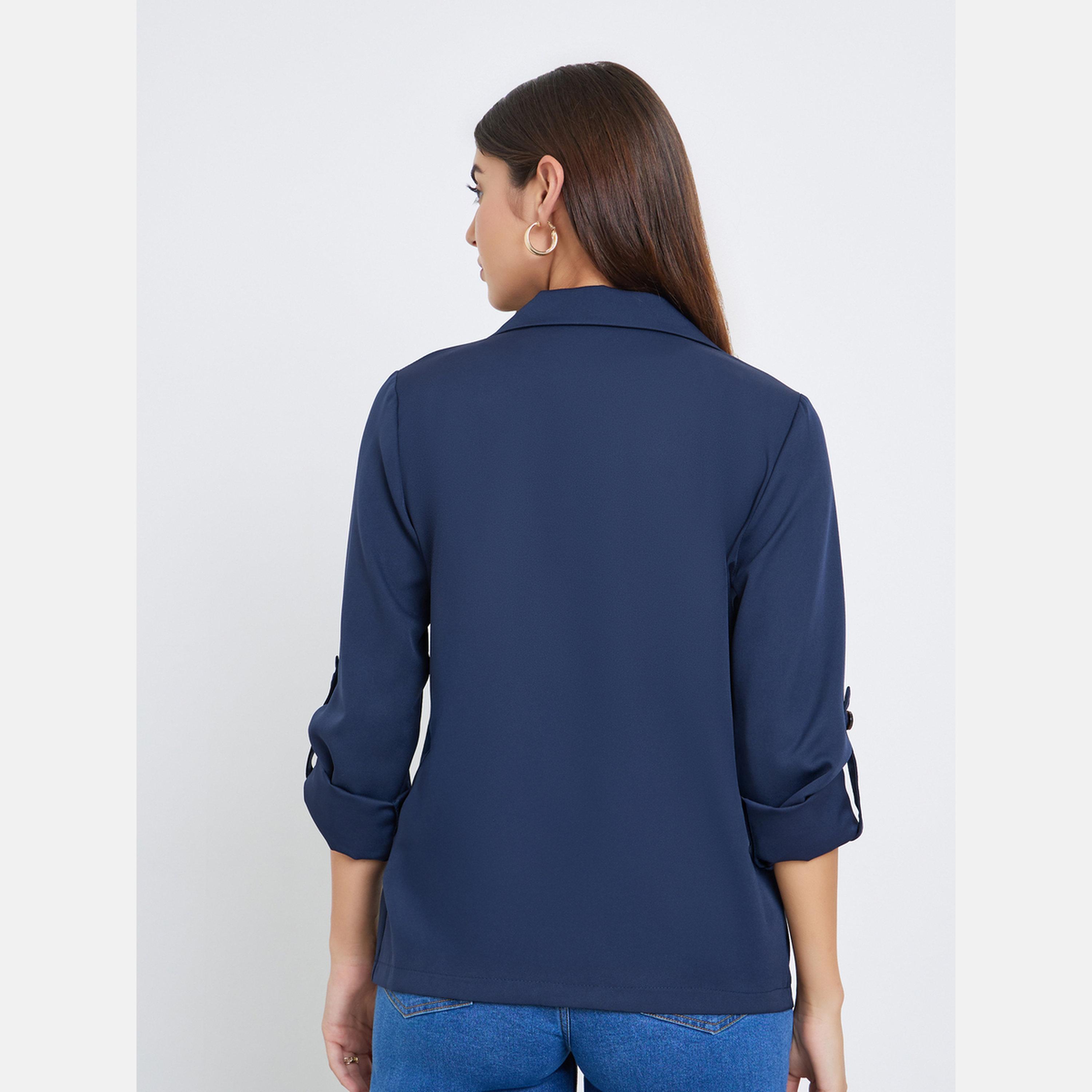Take Two Navy Blue Solid Lapel Collar Roll Up Sleeves Women's Single Button Blazer-women-clothing-coatsandjackets-blazers-image-5