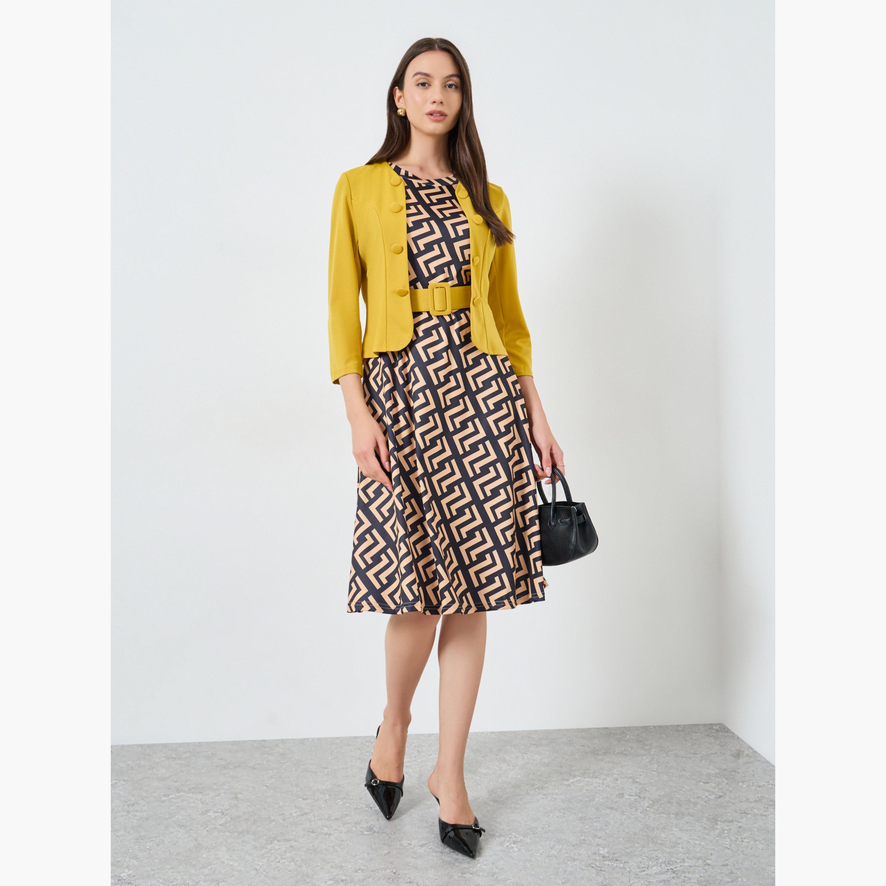 Take Two Solid Button Front Blazer and Geo Print A-Line Dress Co-Ords-women-clothing-coordsets-image-1