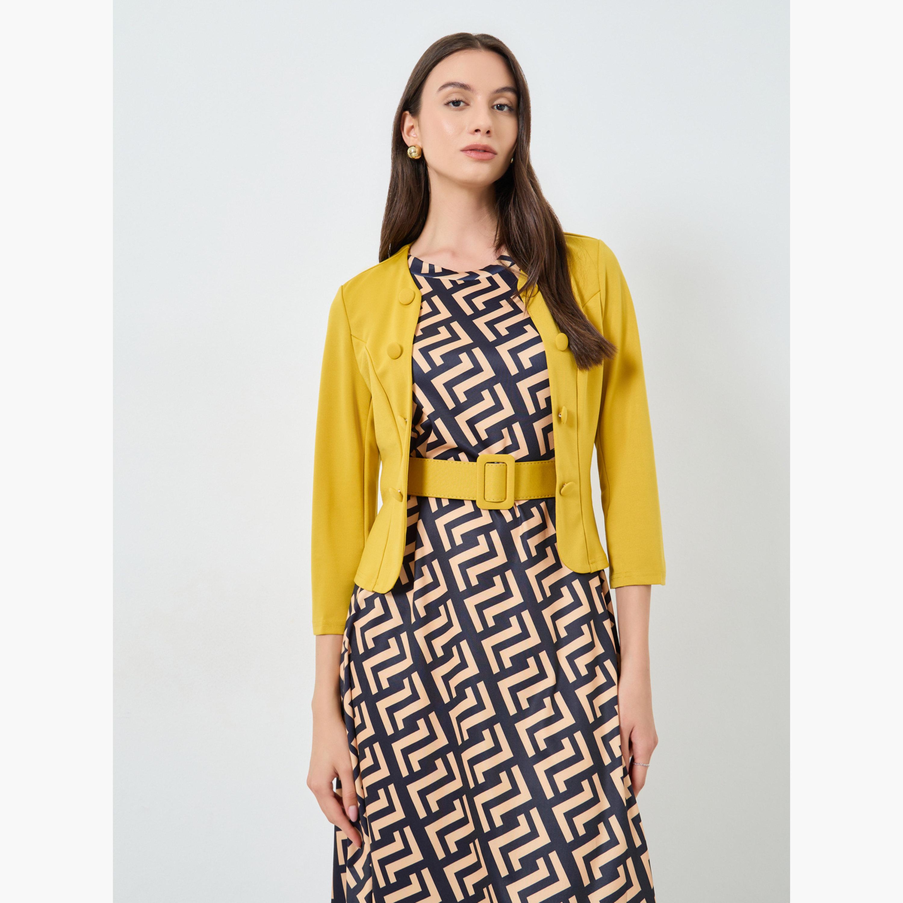Take Two Solid Button Front Blazer and Geo Print A-Line Dress Co-Ords-women-clothing-coordsets-image-2