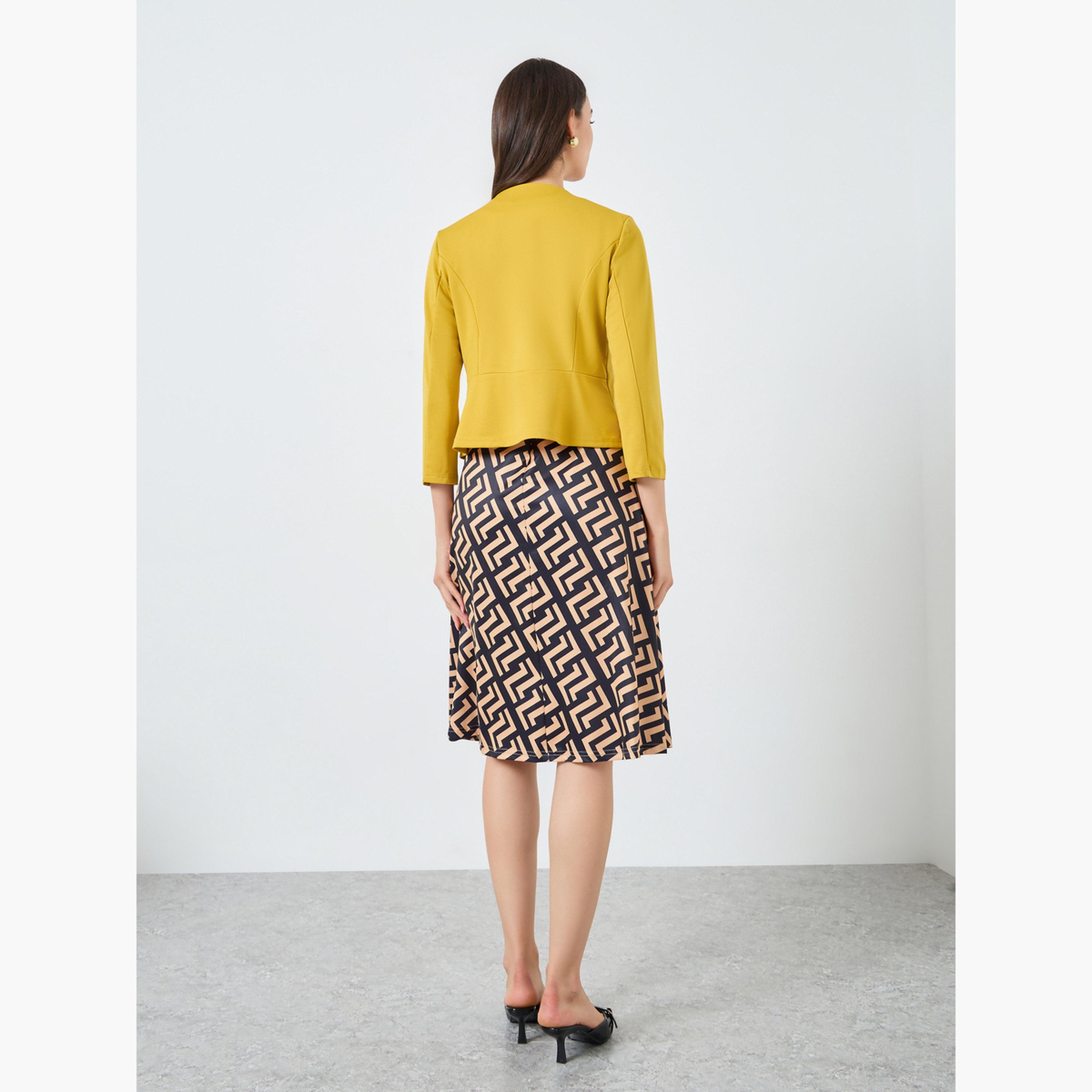 تيك تو - سترة بأزرار أمامية سادة وفستان بنقشة هندسية حرف A-women-clothing-coordsets-image-4
