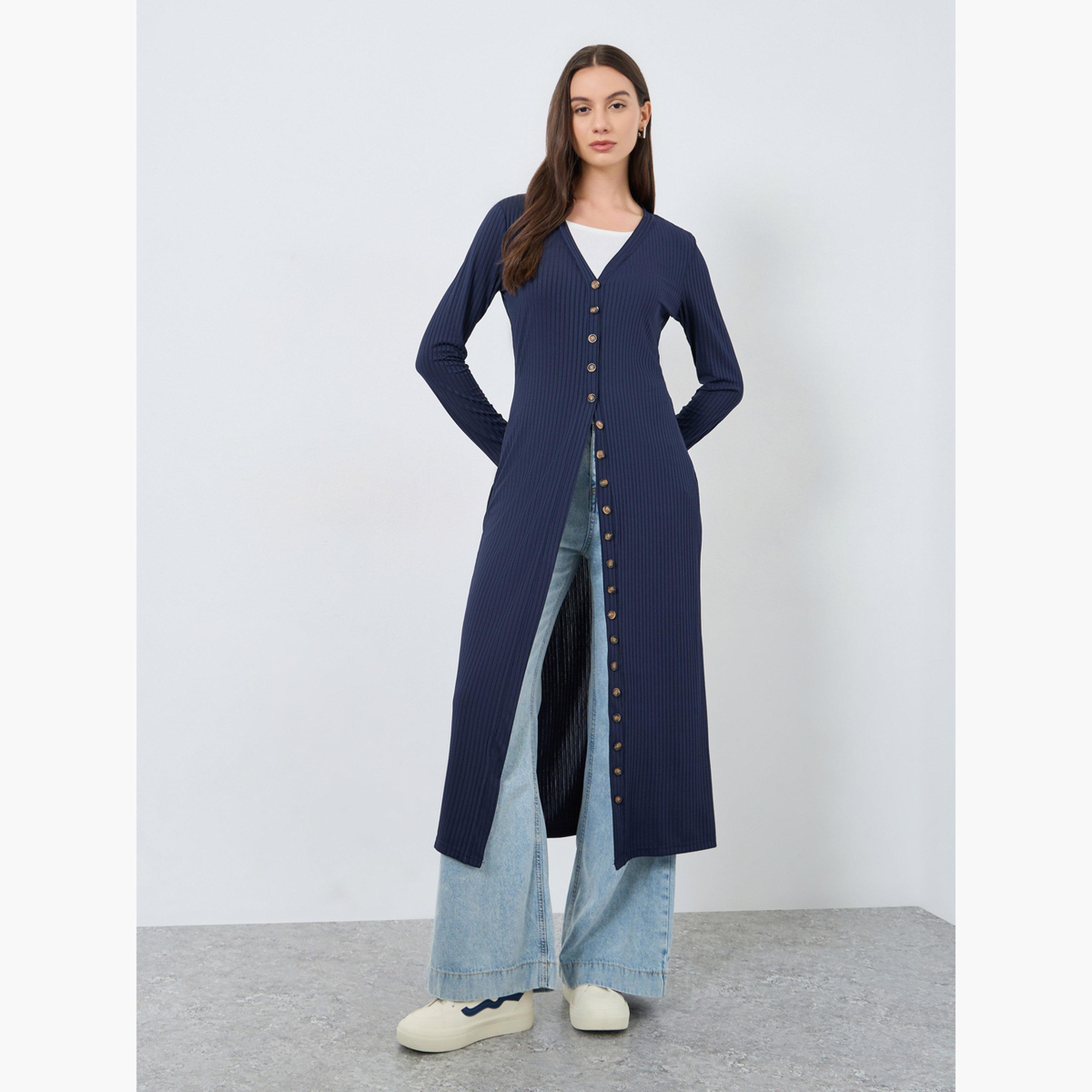 Take Two Navy Blue Knitted V-neck Long Sleeves Women's Button Placket Cardigan-women-winterwear-cardigansandjumpers-cardigans-image-1