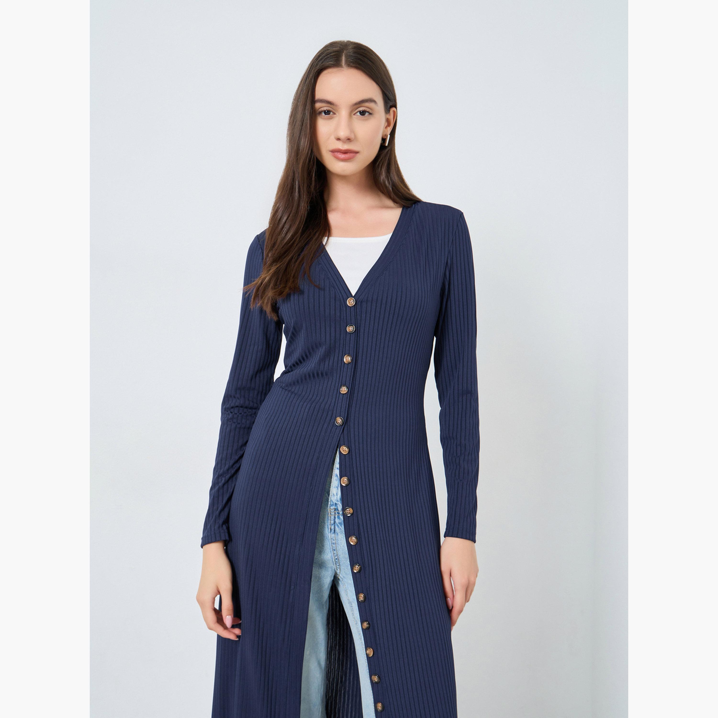Take Two Navy Blue Knitted V-neck Long Sleeves Women's Button Placket Cardigan-women-winterwear-cardigansandjumpers-cardigans-image-2