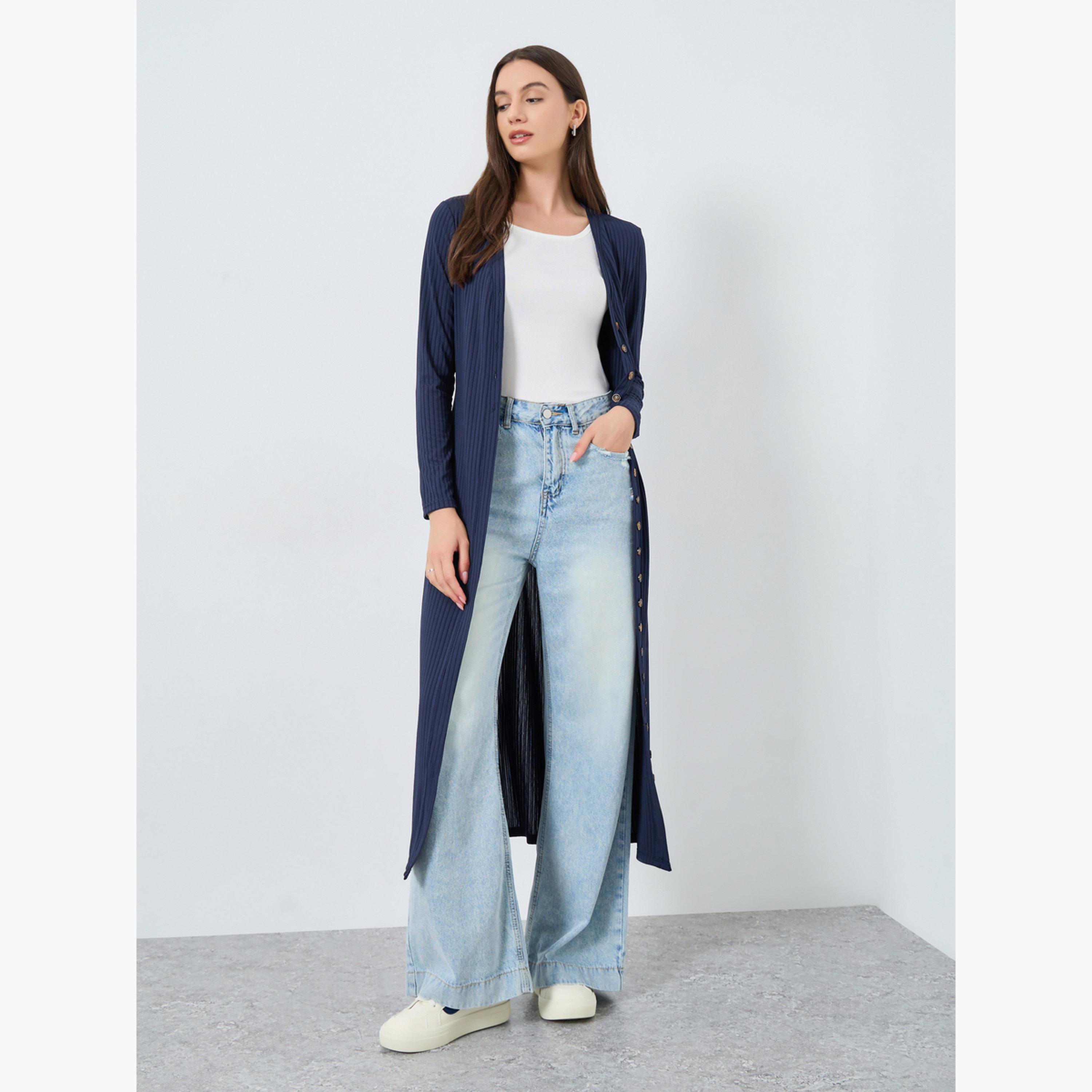 Take Two Navy Blue Knitted V-neck Long Sleeves Women's Button Placket Cardigan-women-winterwear-cardigansandjumpers-cardigans-image-3