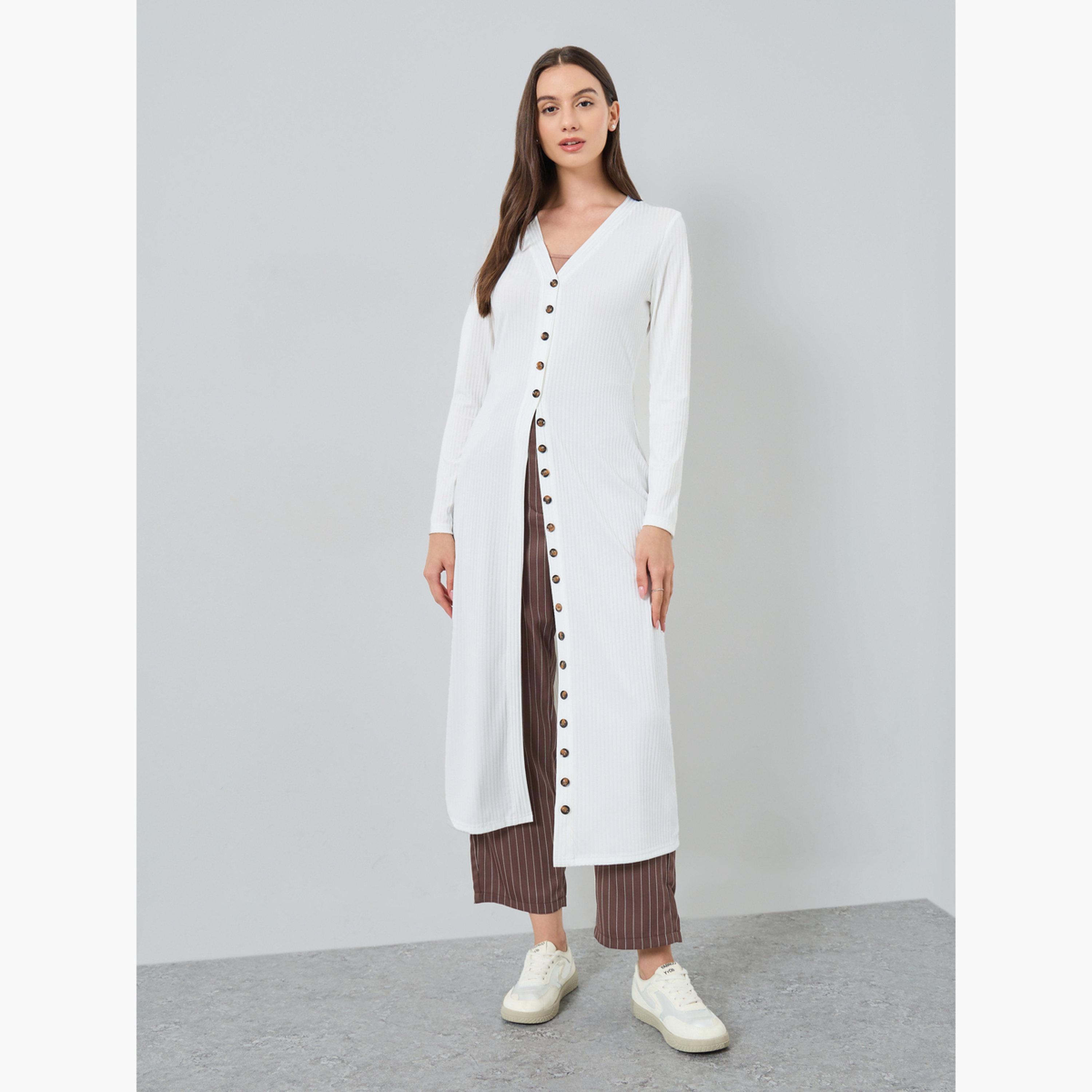Take Two White Knitted V-neck Long Sleeves Women's Button Placket Cardigan-women-winterwear-cardigansandjumpers-cardigans-image-1