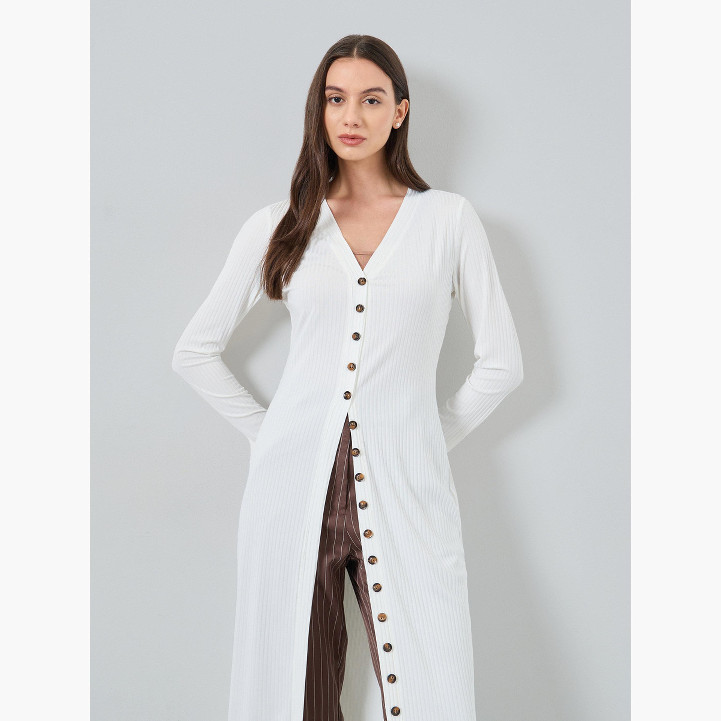 تيك تو - كارديغان نسائي أبيض محبوك رقبة حرف V وأكمام طويلة وأزرار-women-winterwear-cardigansandjumpers-cardigans-image-3