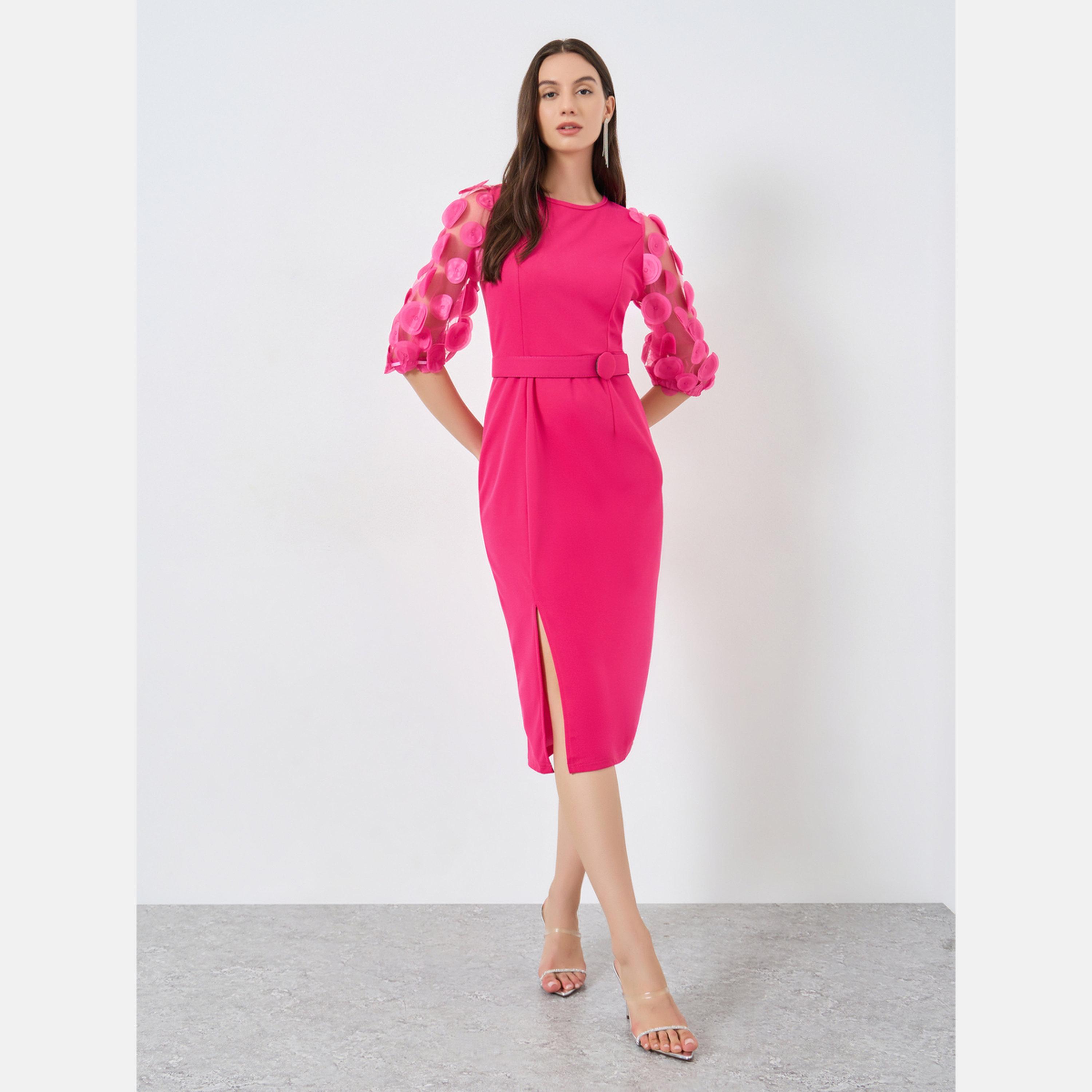 Take Two Dark Pink Midi Bodycon Dress with 3/4 Sleeves-women-clothing-dresses-image-2