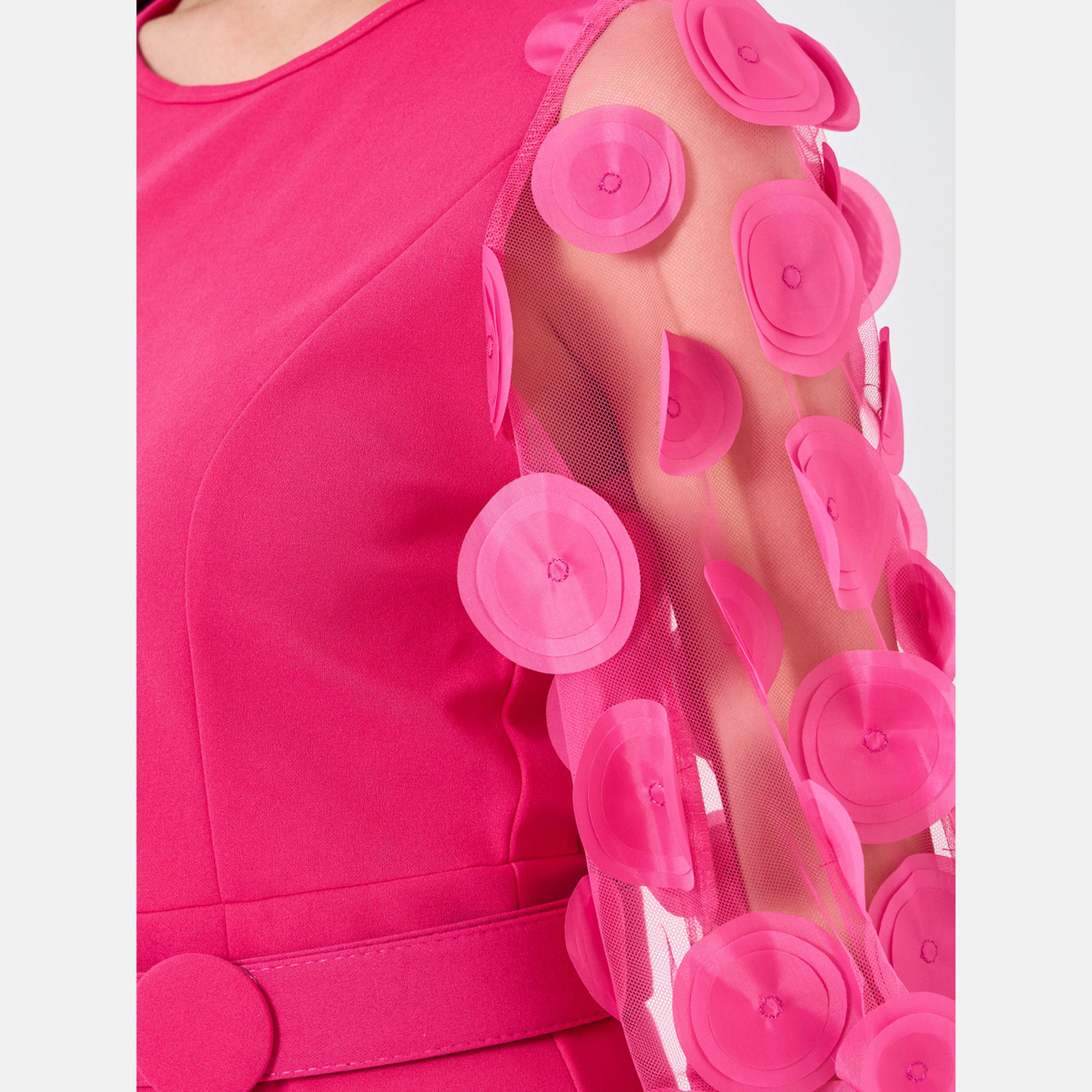 تيك تو - فستان متوسط الطول ضيق باللون الوردي الداكن بأكمام ثلاثة أرباع-women-clothing-dresses-image-3