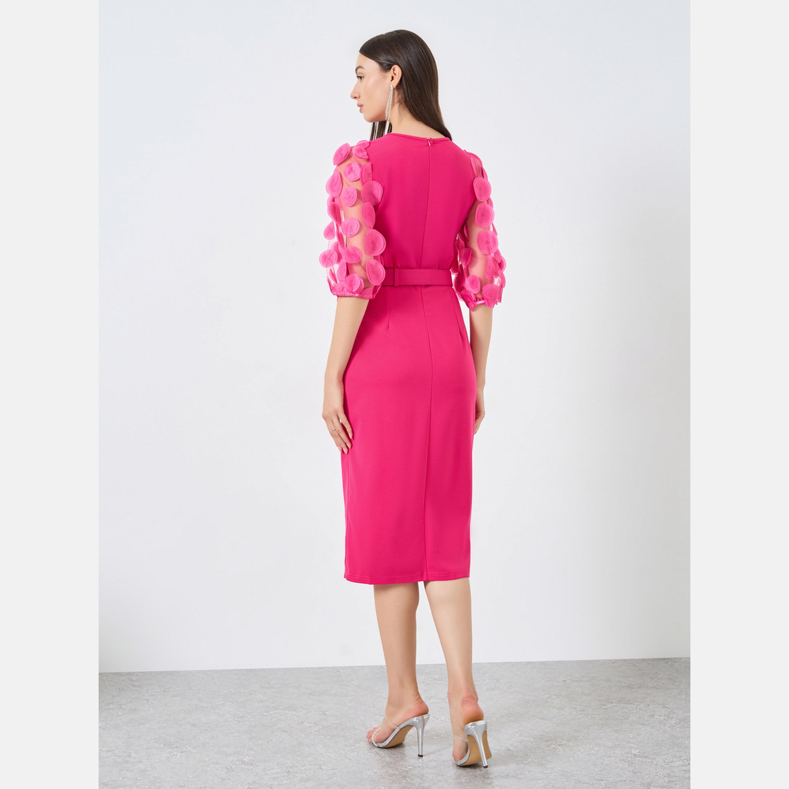 Take Two Dark Pink Midi Bodycon Dress with 3/4 Sleeves-women-clothing-dresses-image-4