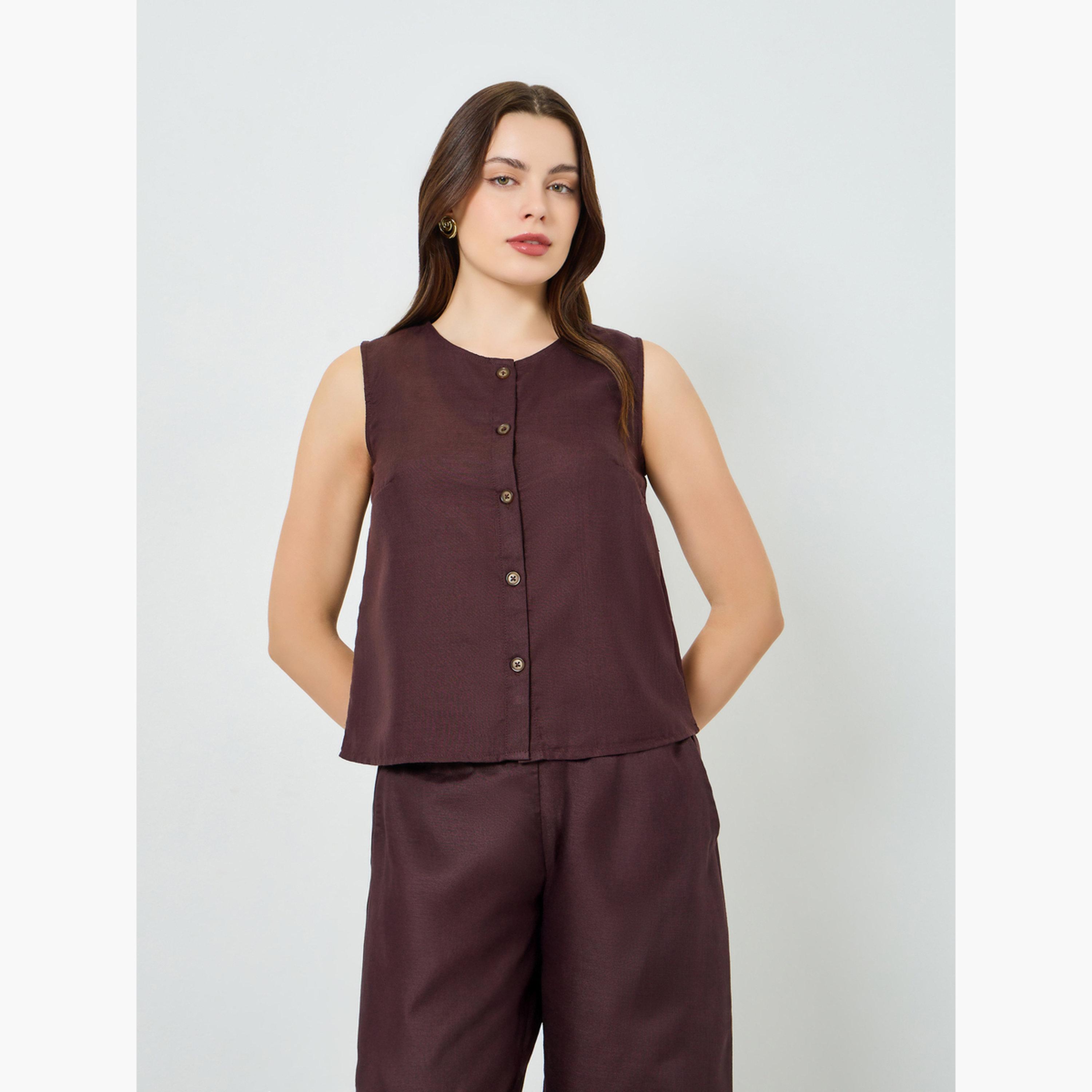 Styli Women Brown Sleeveless Buttoned Top-women-clothing-shirtsandblouses-blouses-image-1