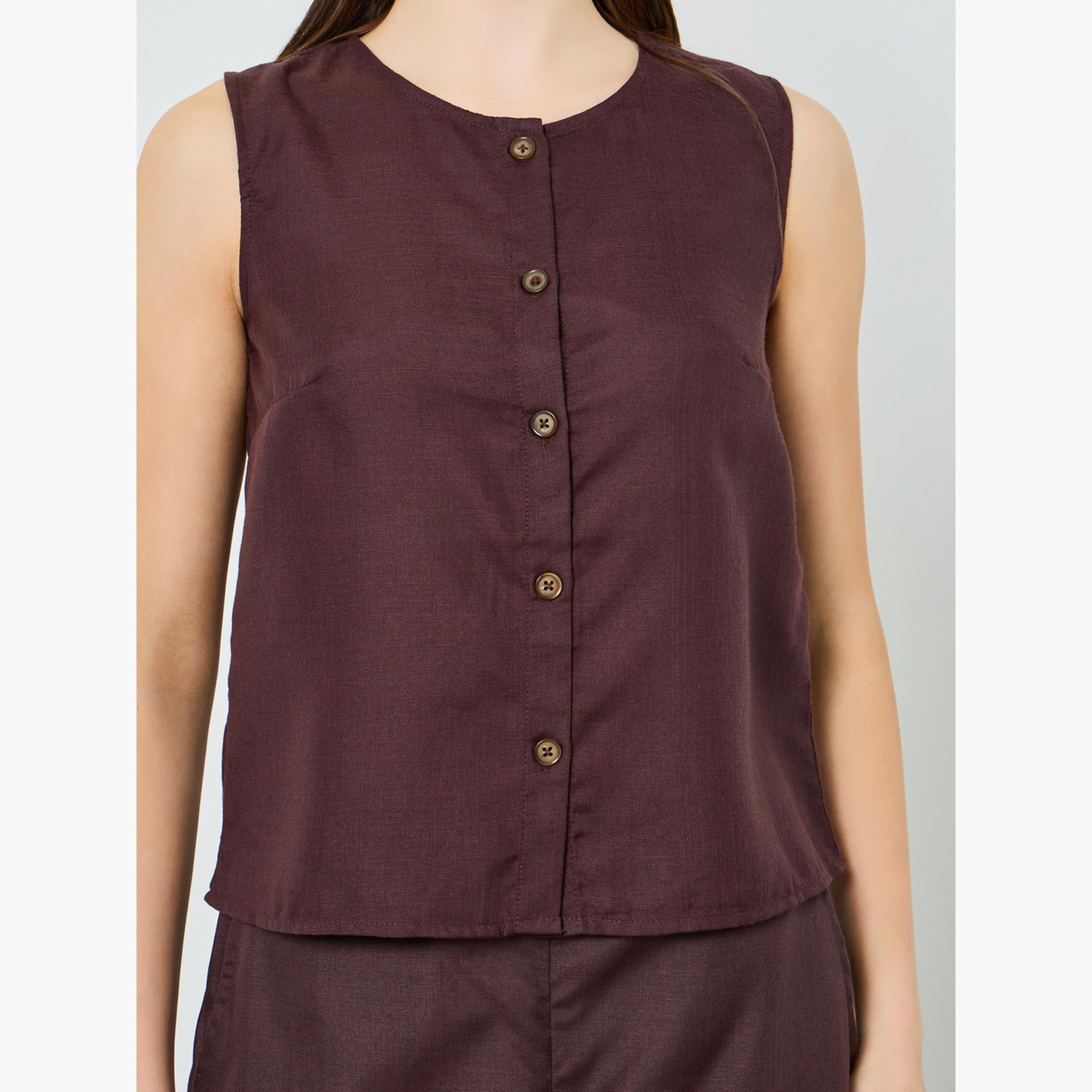 Styli Women Brown Sleeveless Buttoned Top-women-clothing-shirtsandblouses-blouses-image-2
