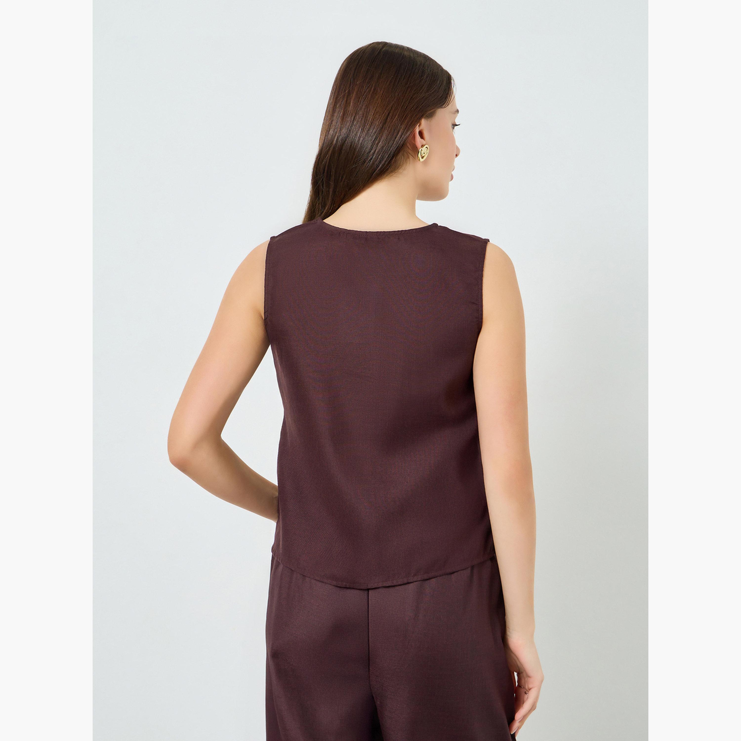 Styli Women Brown Sleeveless Buttoned Top-women-clothing-shirtsandblouses-blouses-image-4