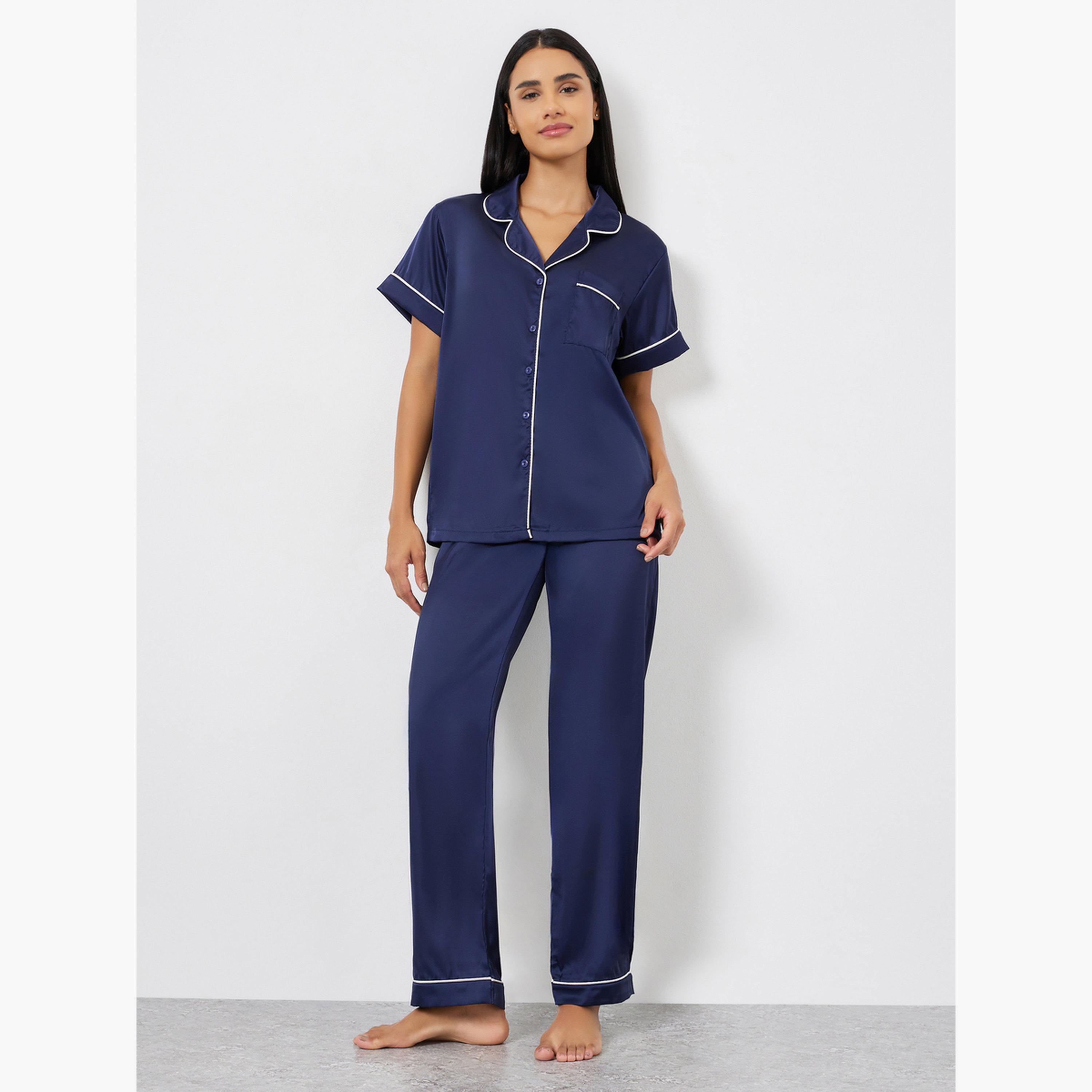 Styli Satin Piped Pocket Shirt and Pyjama Set-women-clothing-nightwear-pyjamas-longsets-image-1