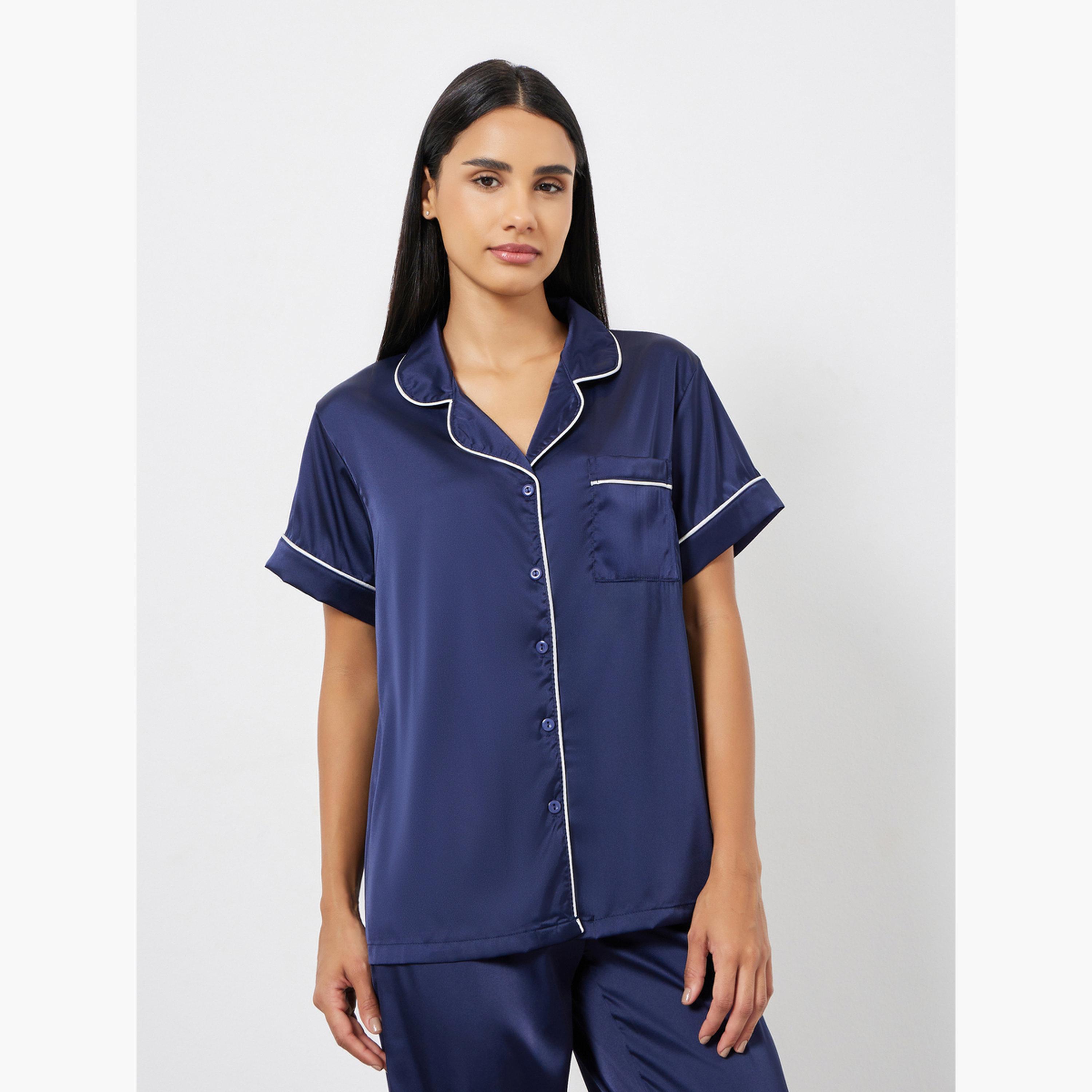 Styli Satin Piped Pocket Shirt and Pyjama Set-women-clothing-nightwear-pyjamas-longsets-image-2