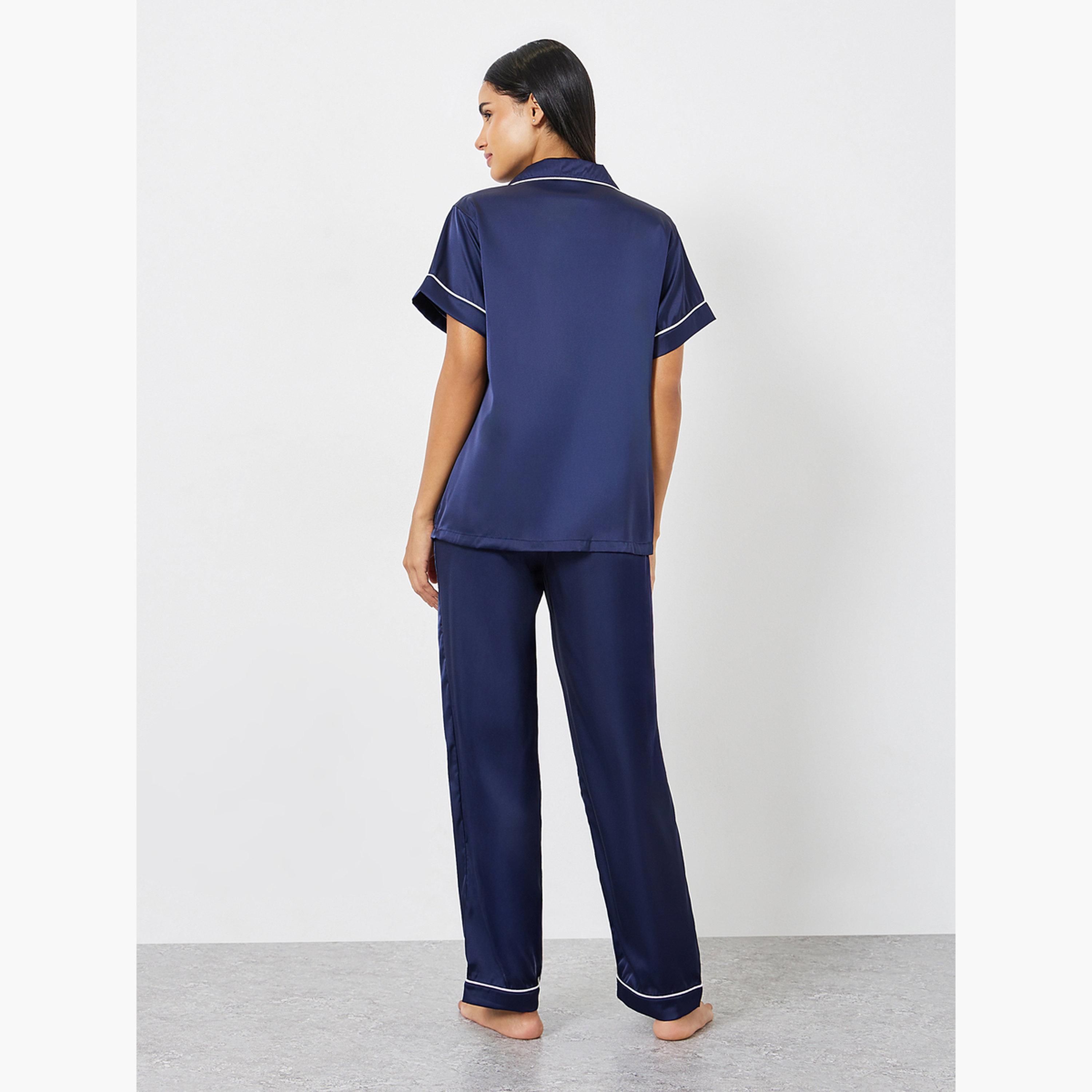 طقم بيجامة قميص بجيوب وتفاصيل شريط ساتان-women-clothing-nightwear-pyjamas-longsets-image-3