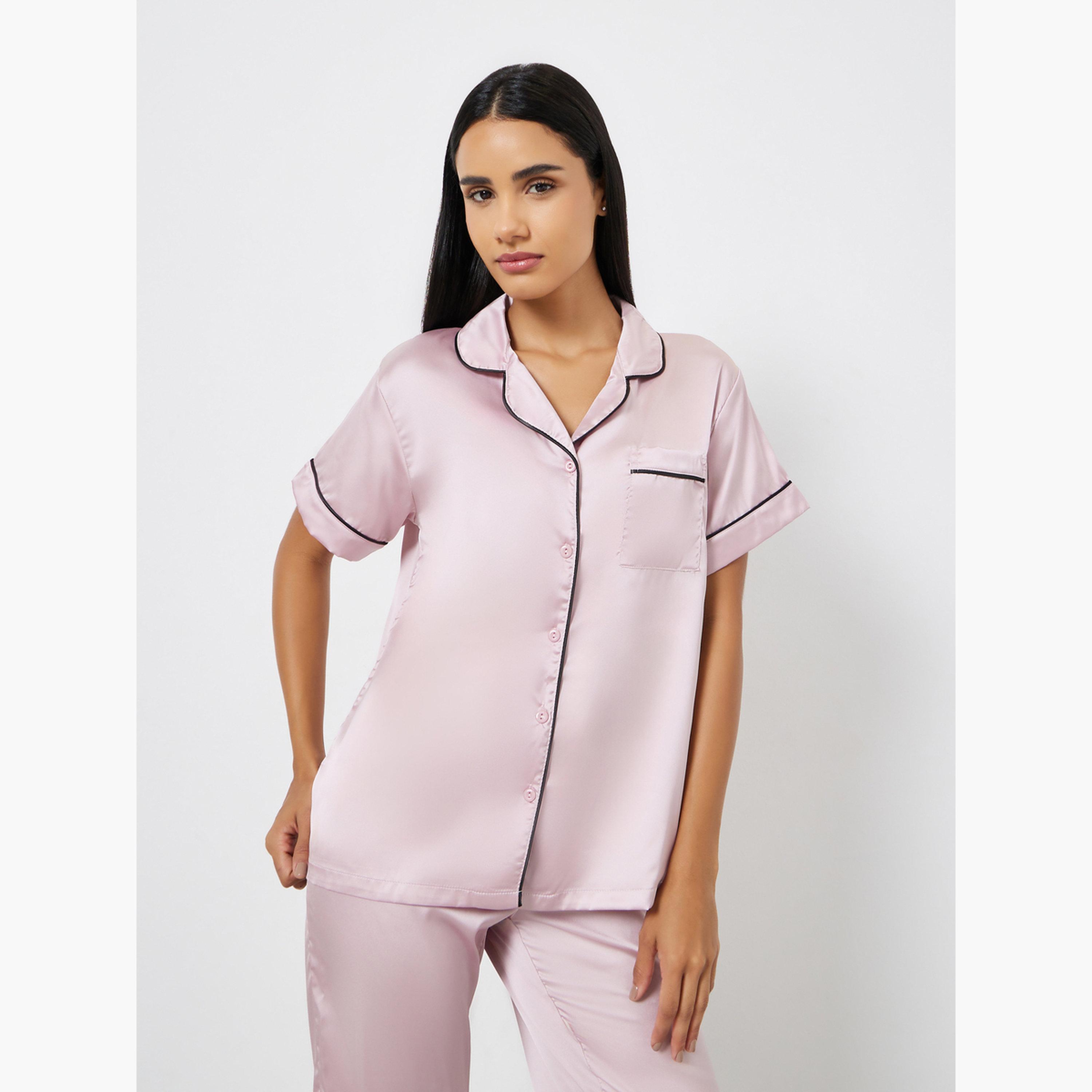 Styli Satin Piped Pocket Shirt and Pyjama Set-women-clothing-nightwear-pyjamas-longsets-image-2