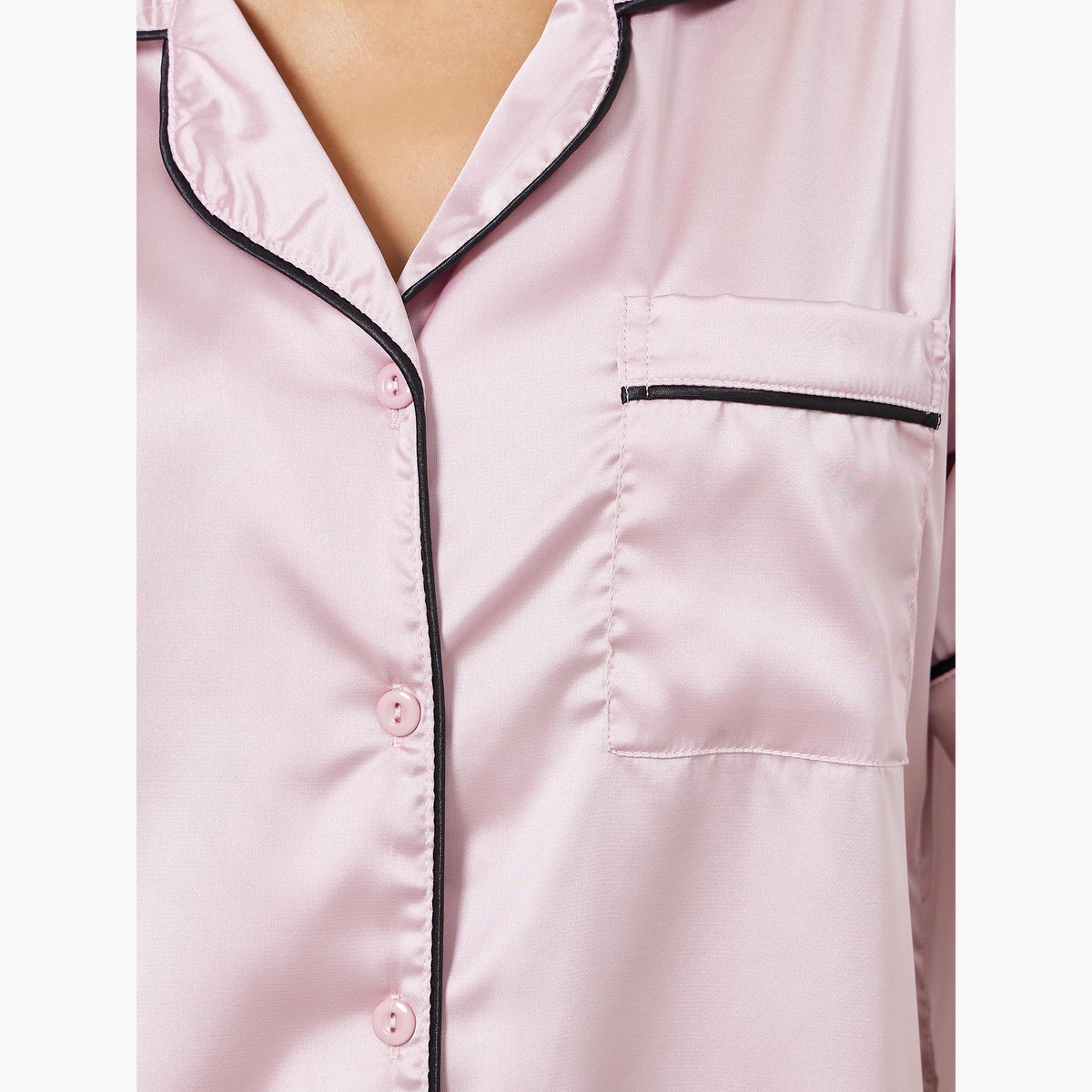 طقم بيجامة قميص بجيوب وتفاصيل شريط ساتان-women-clothing-nightwear-pyjamas-longsets-image-5