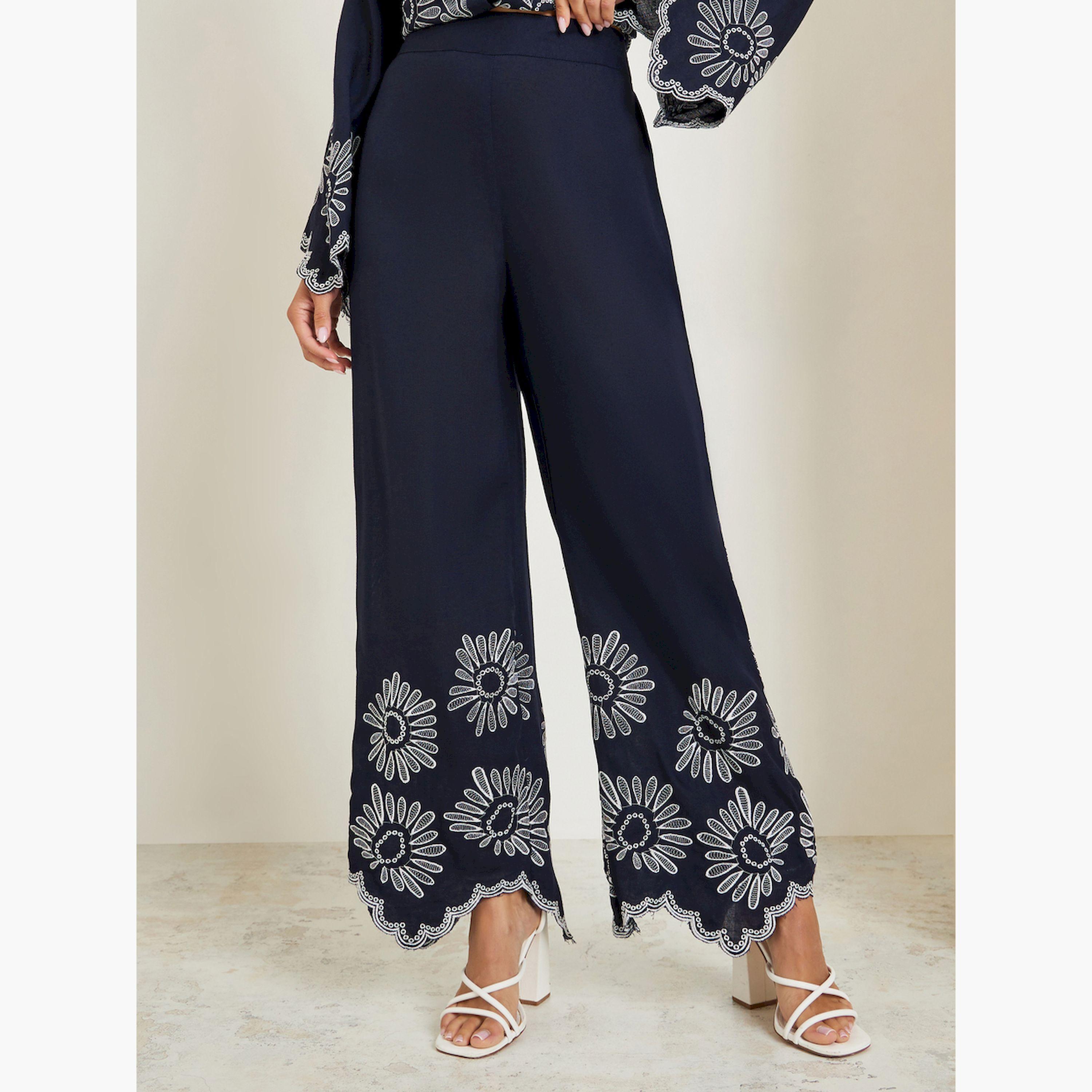 Styli Women Navy Blue Embroidered Hem Pants-women-clothing-bottoms-trousers-image-1