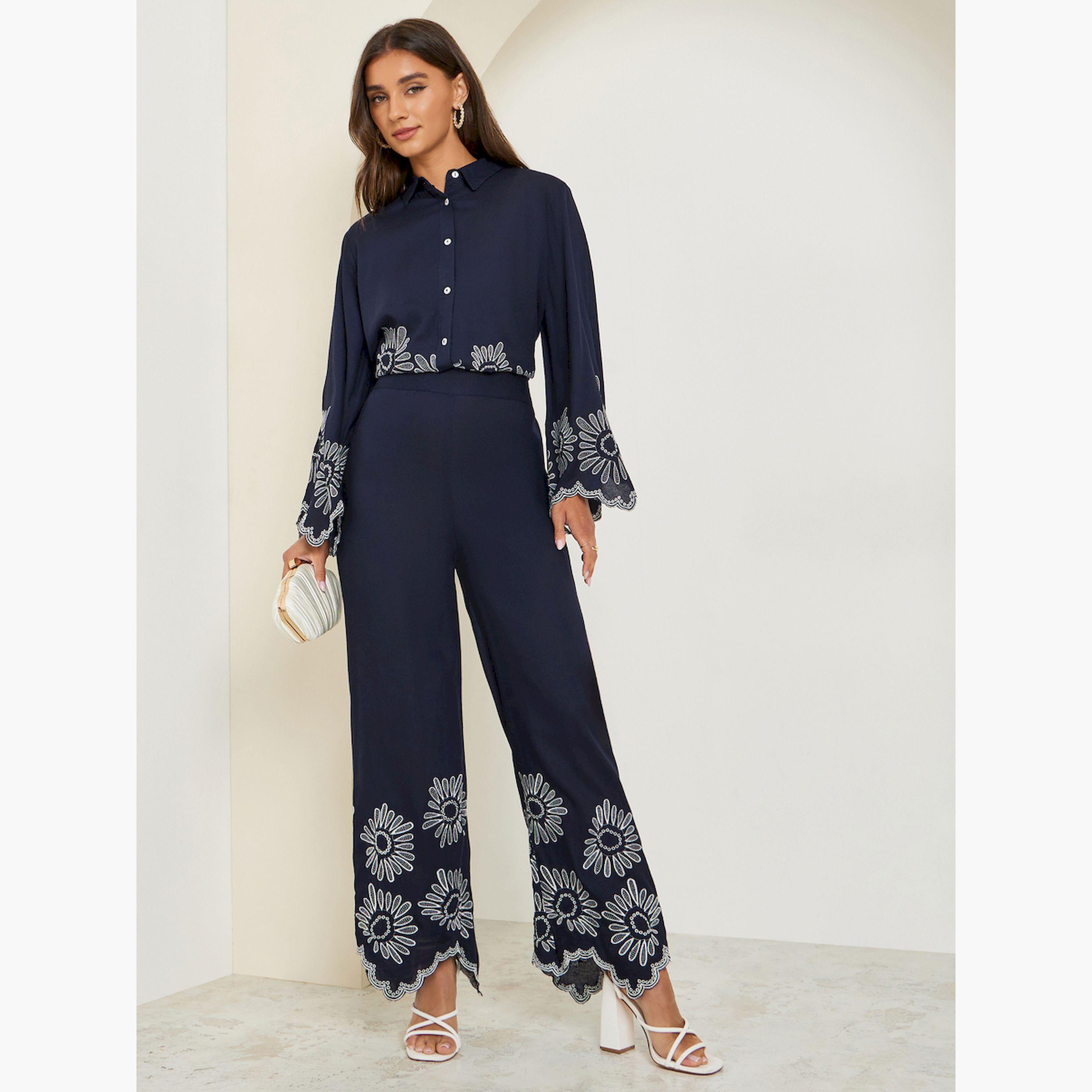 Styli Women Navy Blue Embroidered Hem Pants-women-clothing-bottoms-trousers-image-2