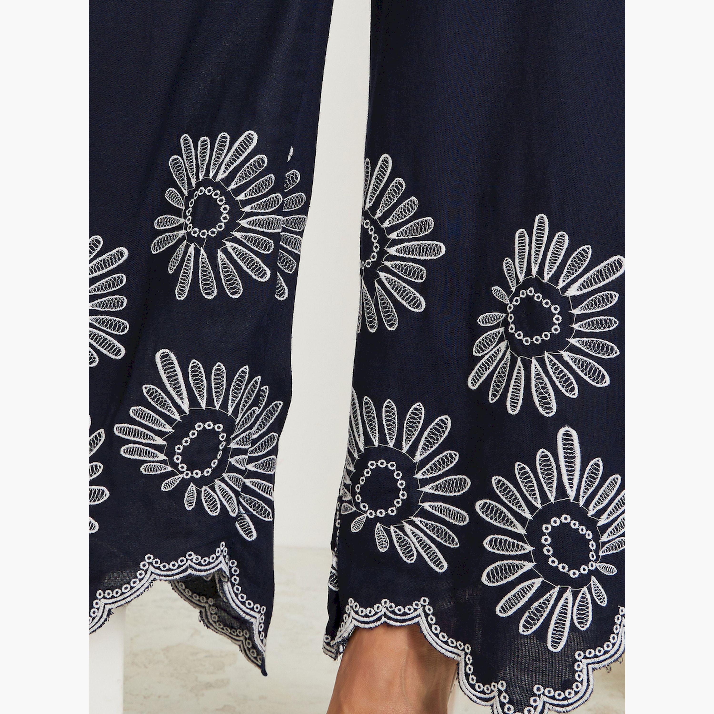 Styli Women Navy Blue Embroidered Hem Pants-women-clothing-bottoms-trousers-image-5