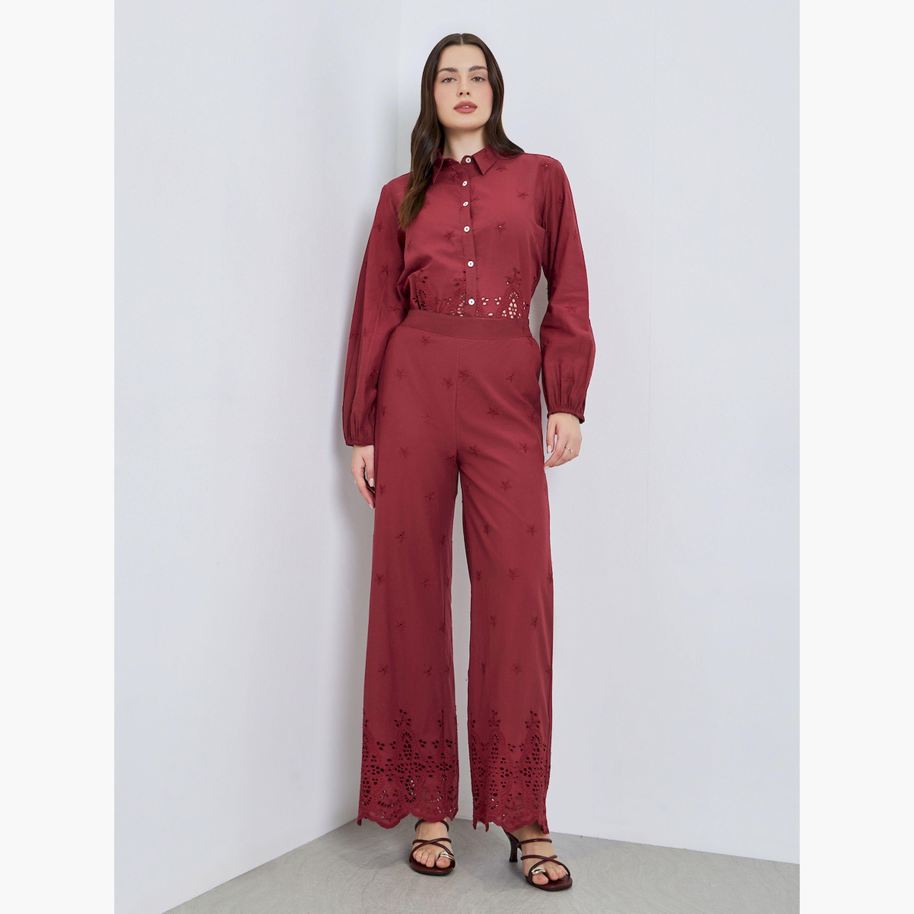 Styli Women Burgundy Schiffli Wide Leg Pants-women-clothing-bottoms-trousers-image-2